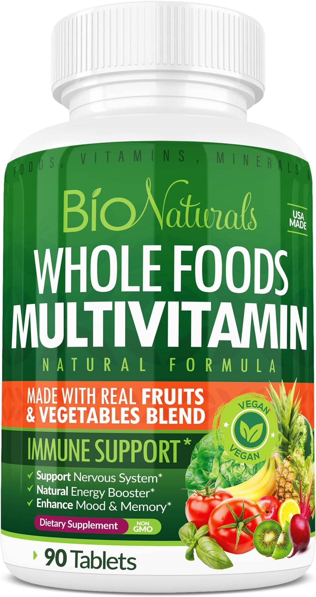 Bio Naturals Whole Foods Multivitamin For Men & Women with 100+ Nutrients – Vitamins A B C D E, Minerals, Herbs, Omega 3, Probiotics, Organic Extracts – No GMOs, No Gluten, 100% Vegan – 90 Count