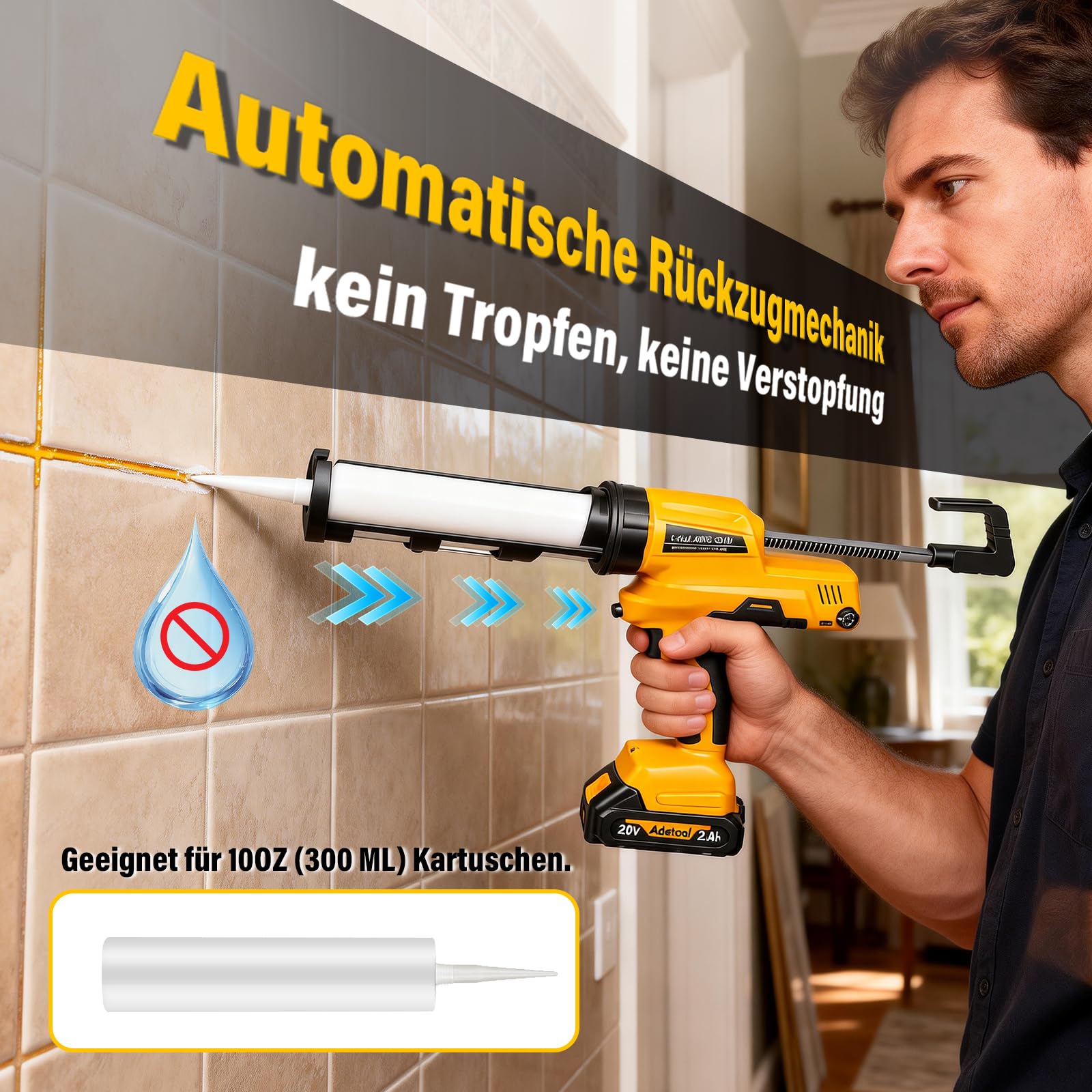 Akku Silikonpistole 6500N mit 6 Geschwindigkeiten für 300ml Kartuschen | 2×2.0Ah Akkus inklusive, kompatibel mit Makita 18V Akkus, ideal für Silikon, Kleber und Dichtstoffe