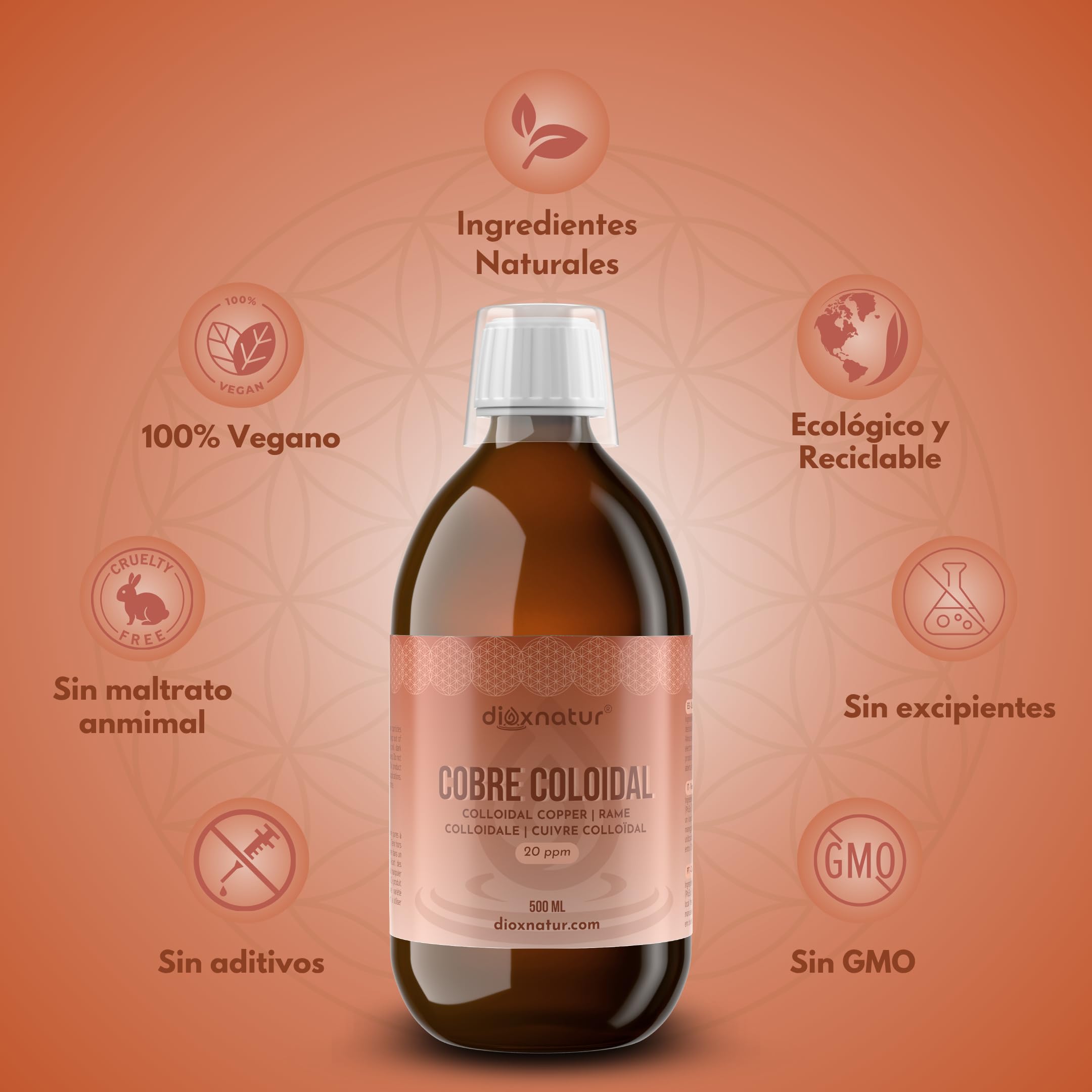 Cobre Coloidal 500 ml - 20 ppm - 99,99% Pureza - Solución Líquida con Agua Bidestilada - Botella Vidrio Ámbar con Vasito Medidor