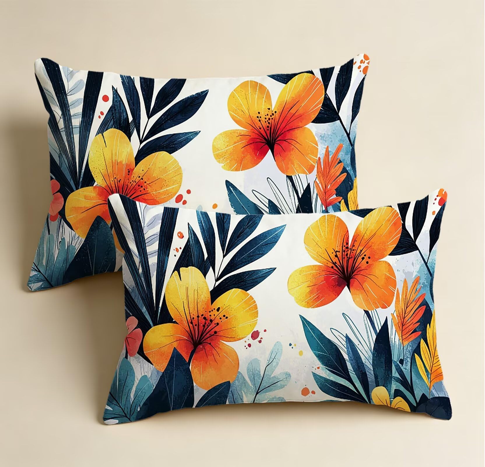 Orange Kissenbezug 60x80 Blume Kopfkissenbezug 2er Set,Wohnaccessoires & Deko,Weich und Atmungsaktiv Samt Stoff mit Verstecktem Reißverschluss für Bett Sofa Kissen Dekokissen-85873