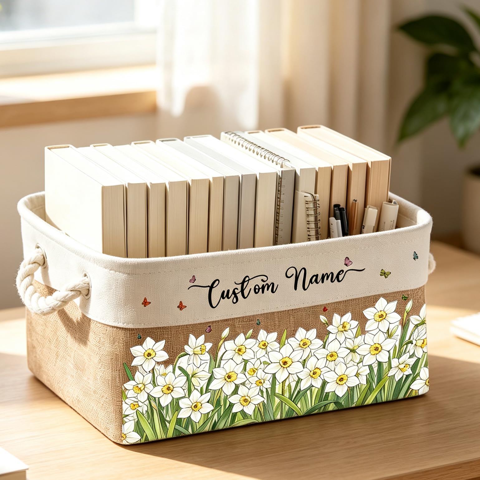 Personalized Storage Basket With Birth Month Flower Book Lover Gift, Custom Name Birth Flower Floral Book Storage Basket Organizer Gift for Women, Girls Bookish Bookworm Birthday Gifts (style 12)