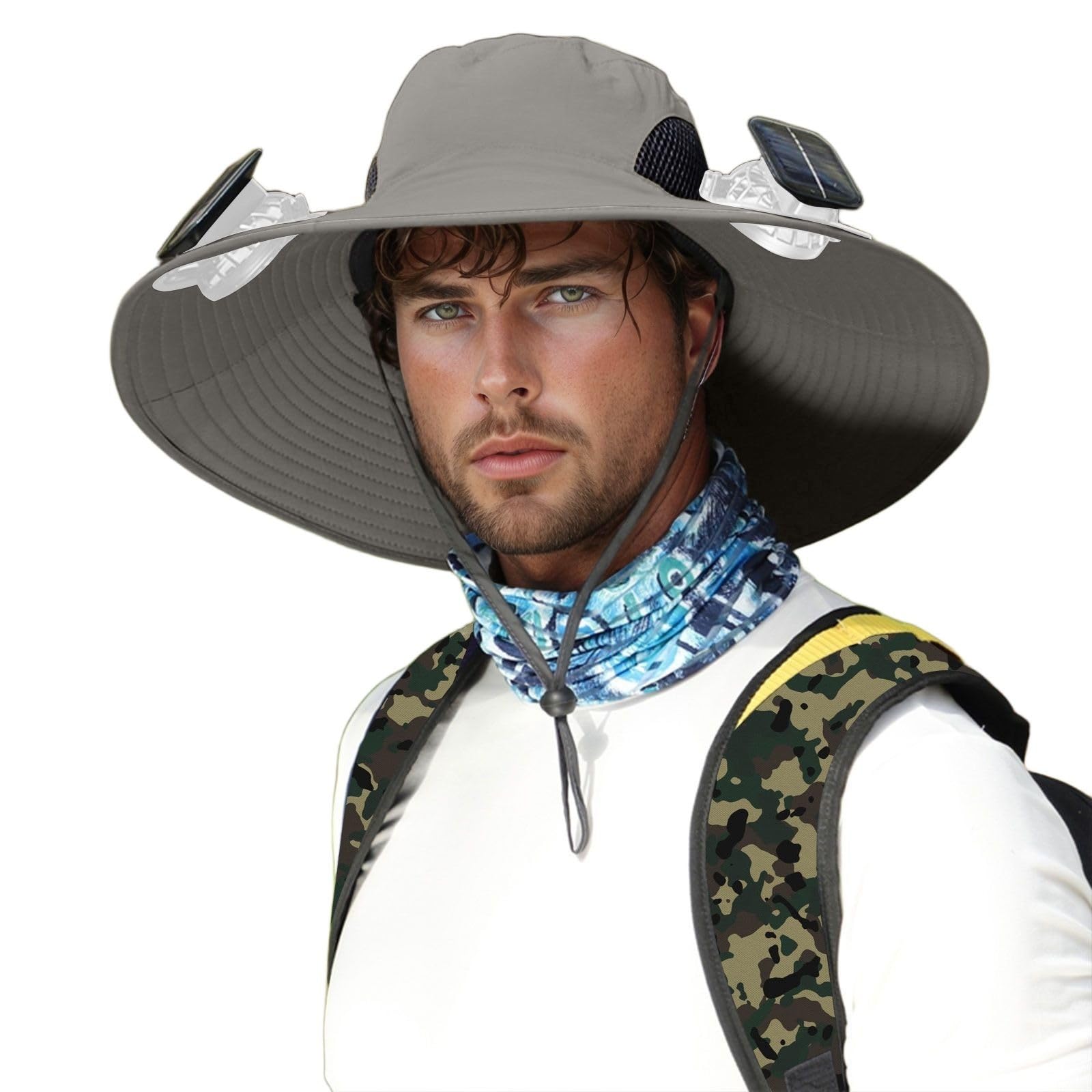 Cappello da Sole Estivo da Uomo con Tesa Larga, con Ventola di Ricarica Solare Staccabile e Ricarica USB Integrata, Cappello da Arrampicata e Pesca (Due Stili di Ventola)