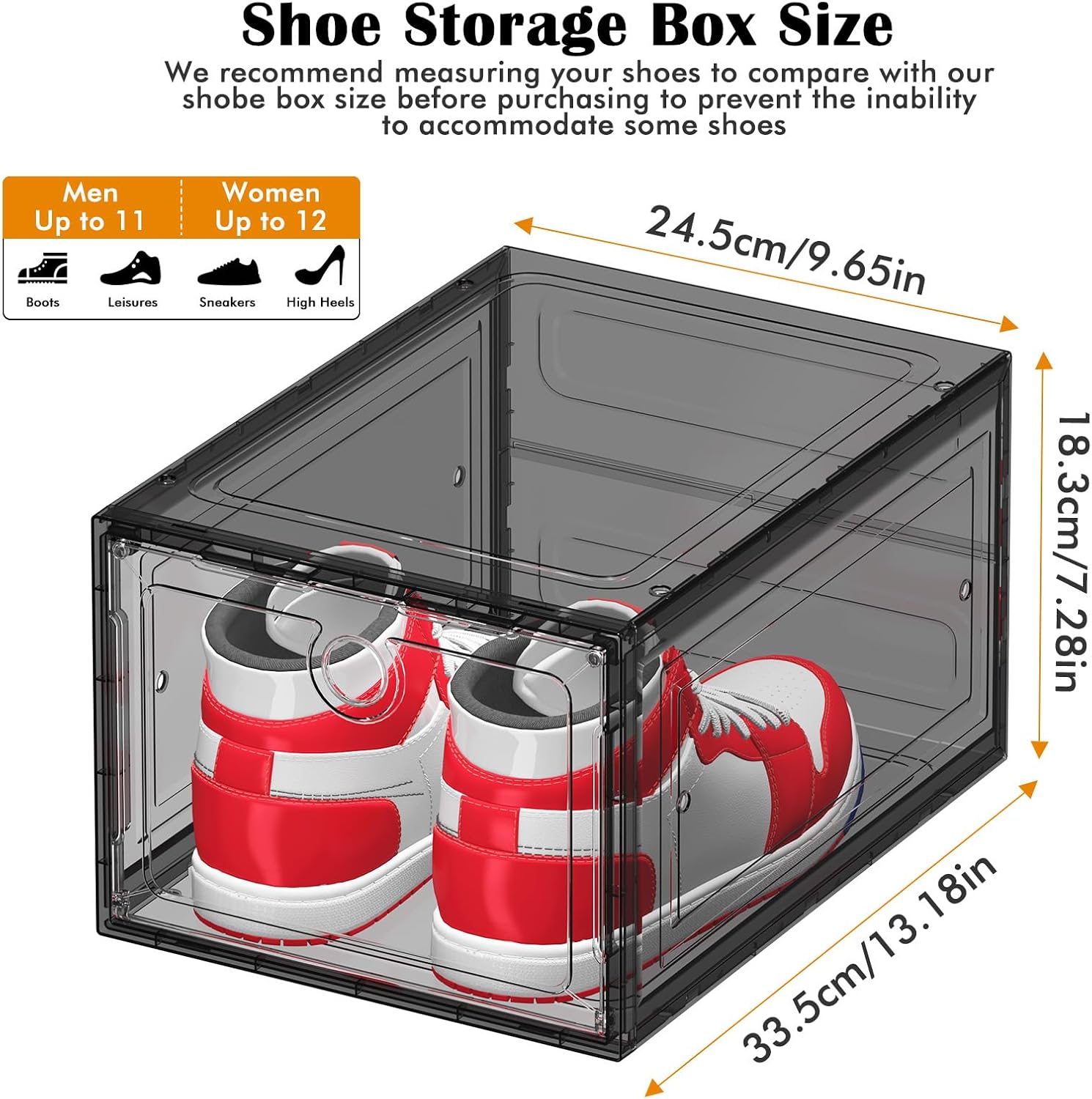12 pack upgrade harder shoe organizer, shoe storage with magnetic front door, clear shoe boxes foldable space-saving shoe rack for sneaker boot container, black black upgrade 12 pack