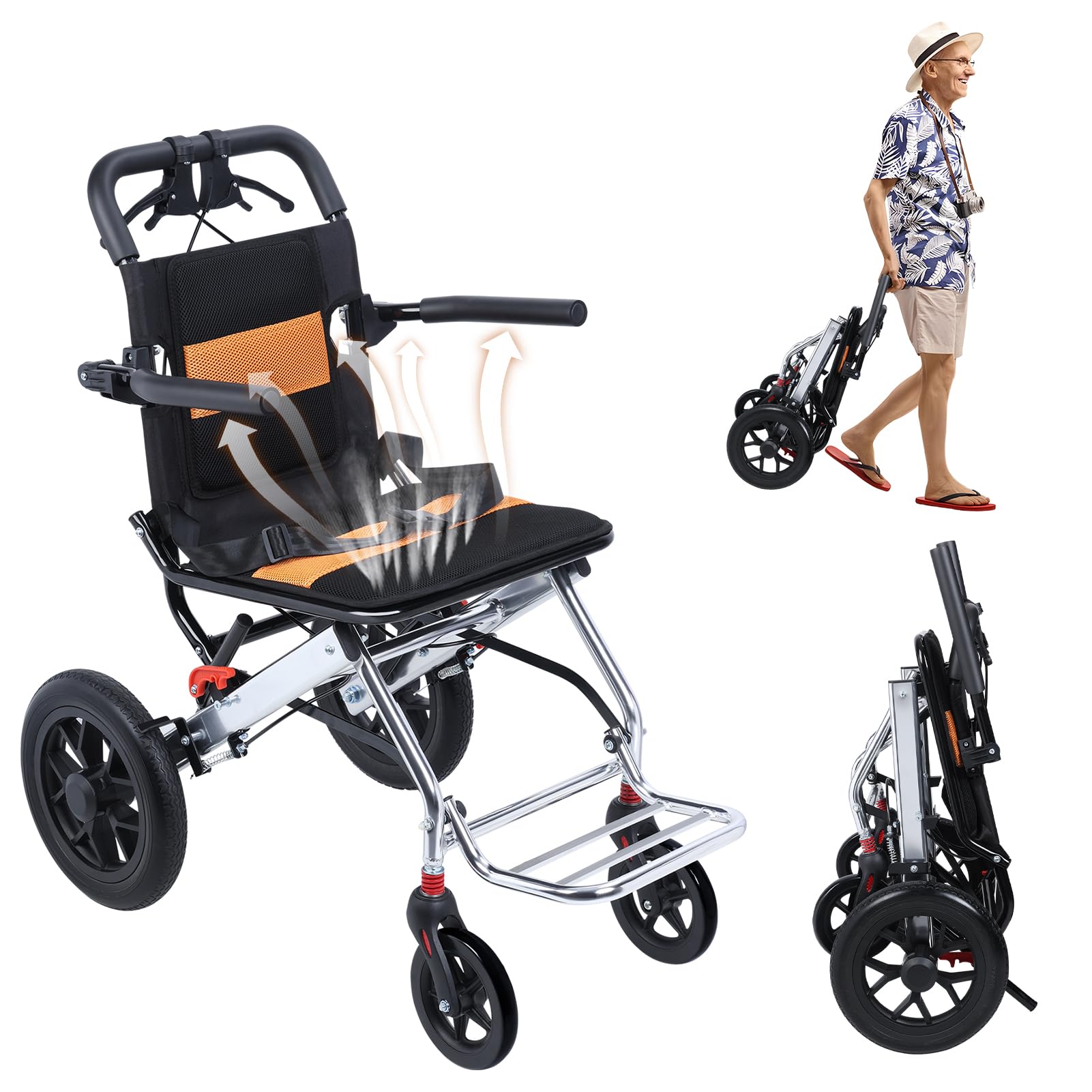 SXSLTSA Lightweight Foldable Transport Wheelchair for Adults Narrow Doorways Wheel Chair 15.75-Inch Wide Seat Portable Transport Chair Travel Wheelchair with Handbrake, Load Capacity of 80Kg A