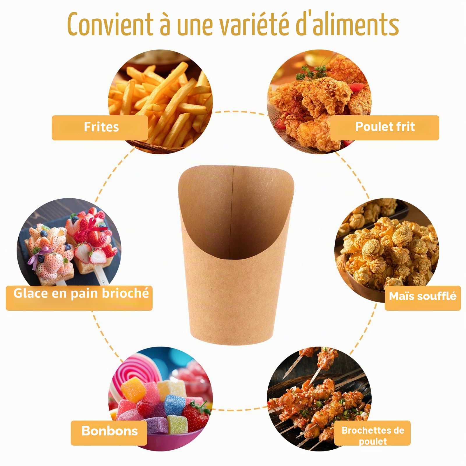 YAYODS Lot de 100 Gobelet en Papier Kraft 14 oz / 410 ml - Cornet de Frites à Bouche Biseautée - Support Snack Étanche et Résistant à l'Huile pour Frites, Popcorn, Gaufres et Glaces