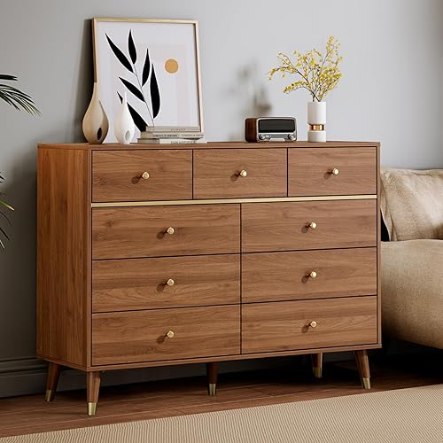 Miniatura 15 de Cómoda de 6 cajones, cómoda de mediados de siglo de 47 pulgadas de ancho, cómoda de madera para dormitorio con 6 cajones de almacenamiento para