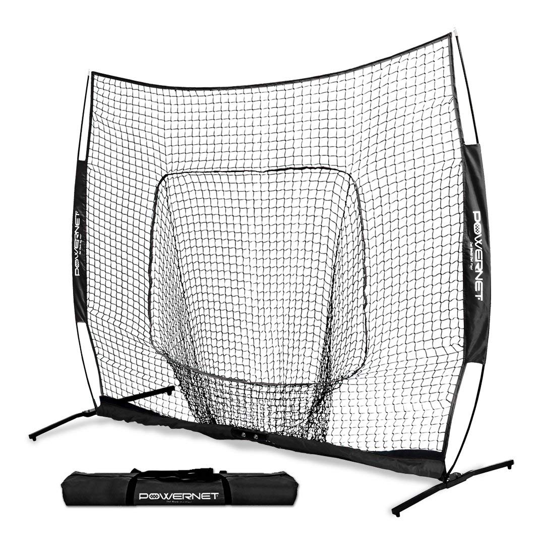 PowerNet 7x7 PRO Net with One Piece Frame | Baseball Softball Practice | Pitching Hitting Training Aid | Portable Backstop | Bow Style | Weighted Base | 7 x 7 (49 SqFt) (Black)