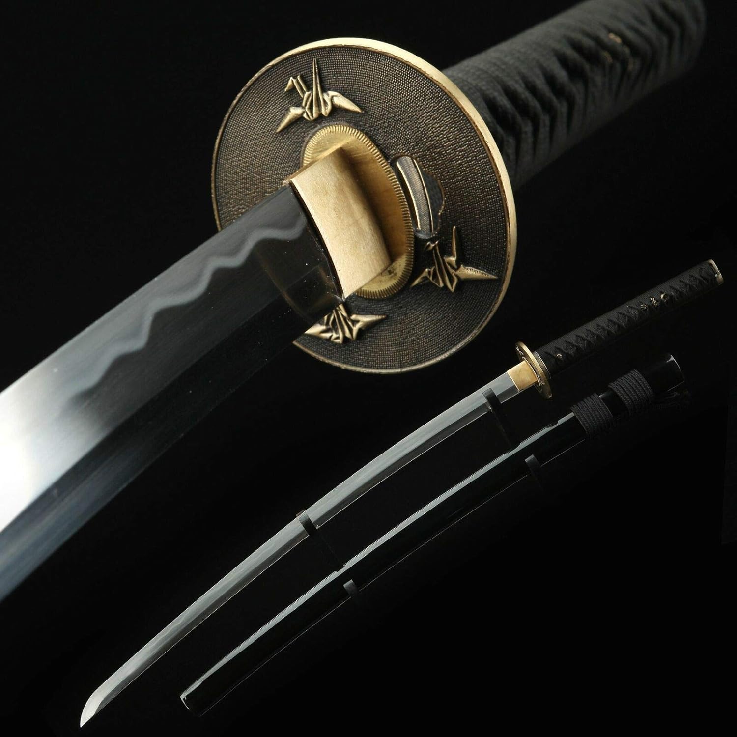 Handmade Japanese Samurai Sword Katana Gold Crane Tsuba Real Clay Tempered T10 Steel Razor Sharp Blade
