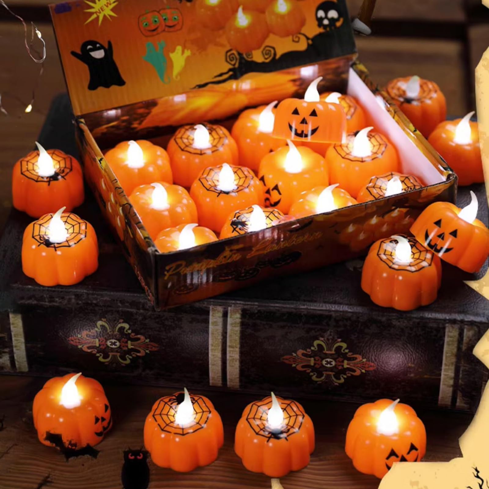 Halloween Zucca Tea Lights Decorazioni Autunno Decor Tealights Arancioni a LED a Batteria Candele Elettriche Senza Fiamma per la Tavola di Casa Decorazione Festa Interna(24pcs)