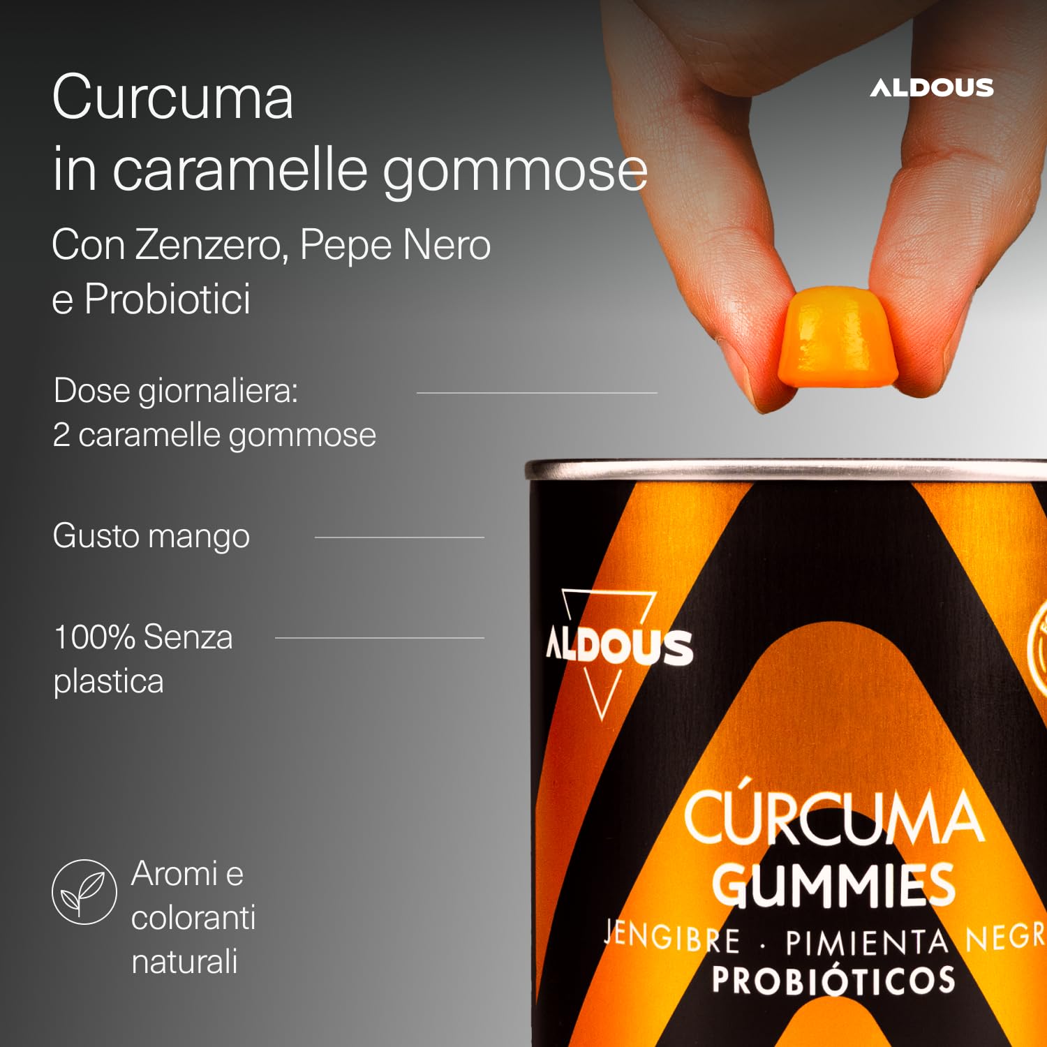 Curcuma e Zenzero con Pepe Nero + PROBIOTICI - 2500mg - 120 Caramelle Gommose - Sapore Naturale di Mango e Zenzero Piccante - Curcuma, Piperina - Antinfiammatorio Naturale Gonfiore Addominale - ALDOUS