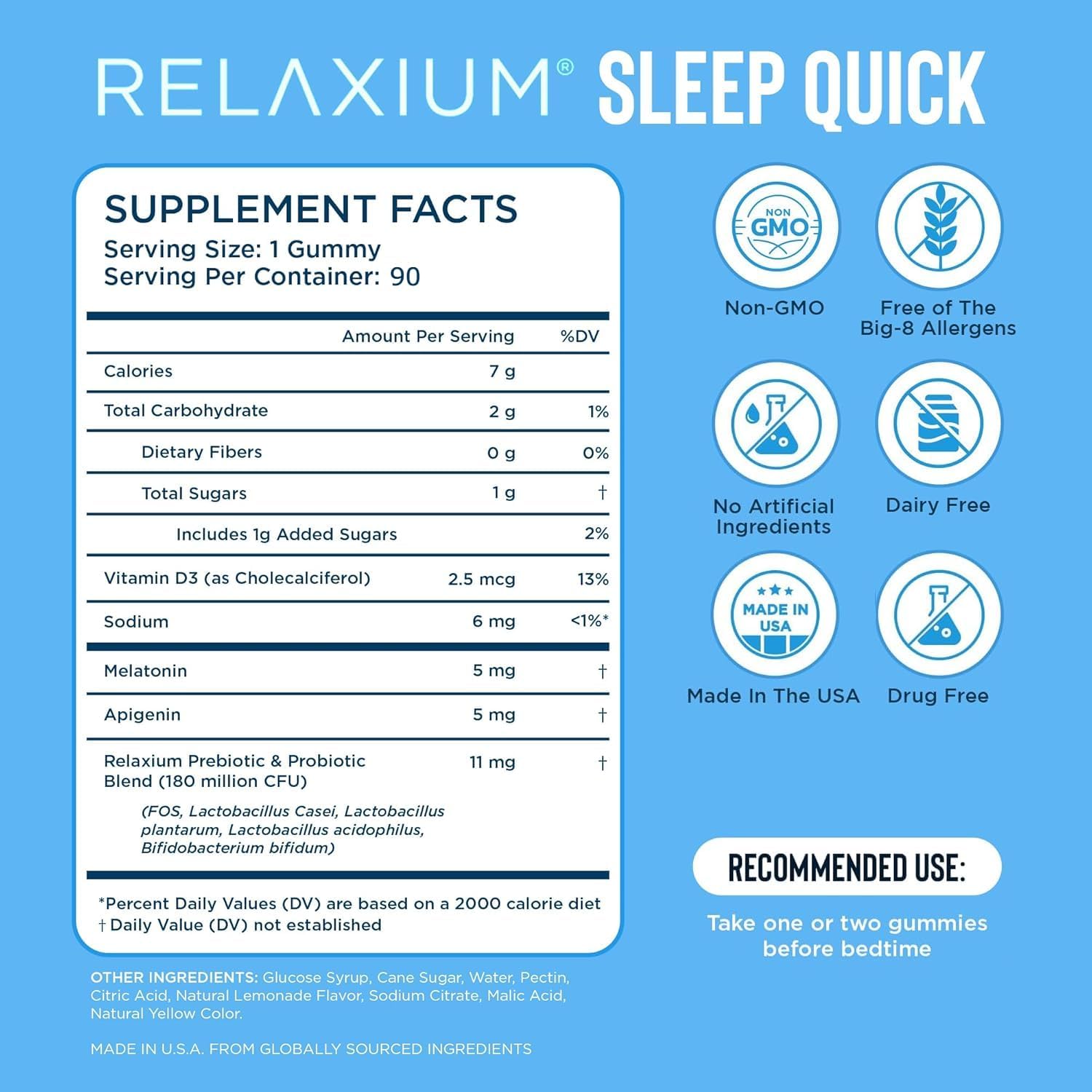 Relaxium SleepQuick Gummies - Sleep Aid + Gut Health & Immune Support, 5mg Melatonin, Vitamin D-3 + Prebiotic & Probiotic Blend, Gluten & Drug Free, Lemon Flavor, 90 Gummies - Image 3