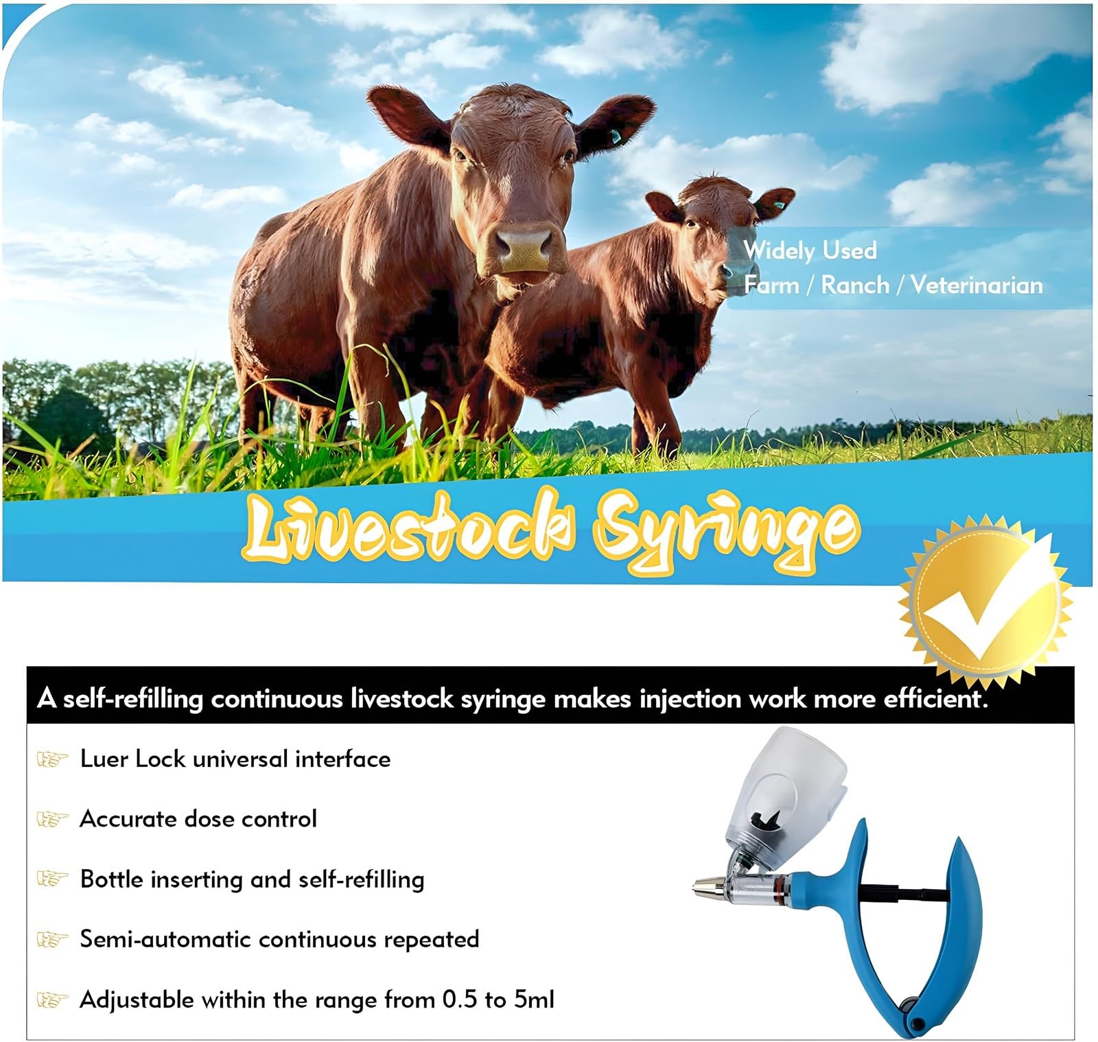 Siringa Veterinaria Continua, Pistola Iniettatrice di Precisione Continua a Dose Fissa Regolabile da 2 ml/5 ml/10 ml per Pollame da Allevamento(E,5ML)