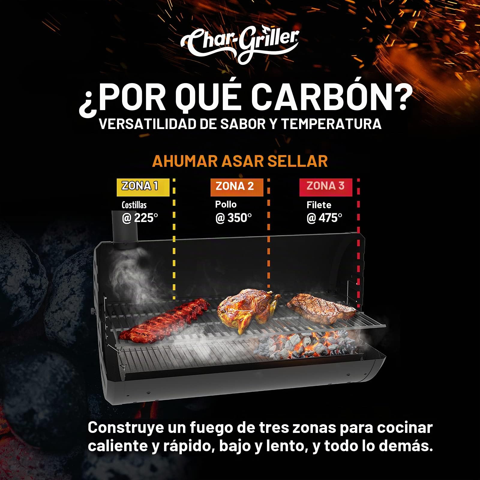 Chargriller - Barbacoa de Carbã³n - Char-Griller bar2123 Parrilla de Carbã³n y Leã±a, indicador de Temperatura, Superficie de Cocciã³n de Hierro Fundido