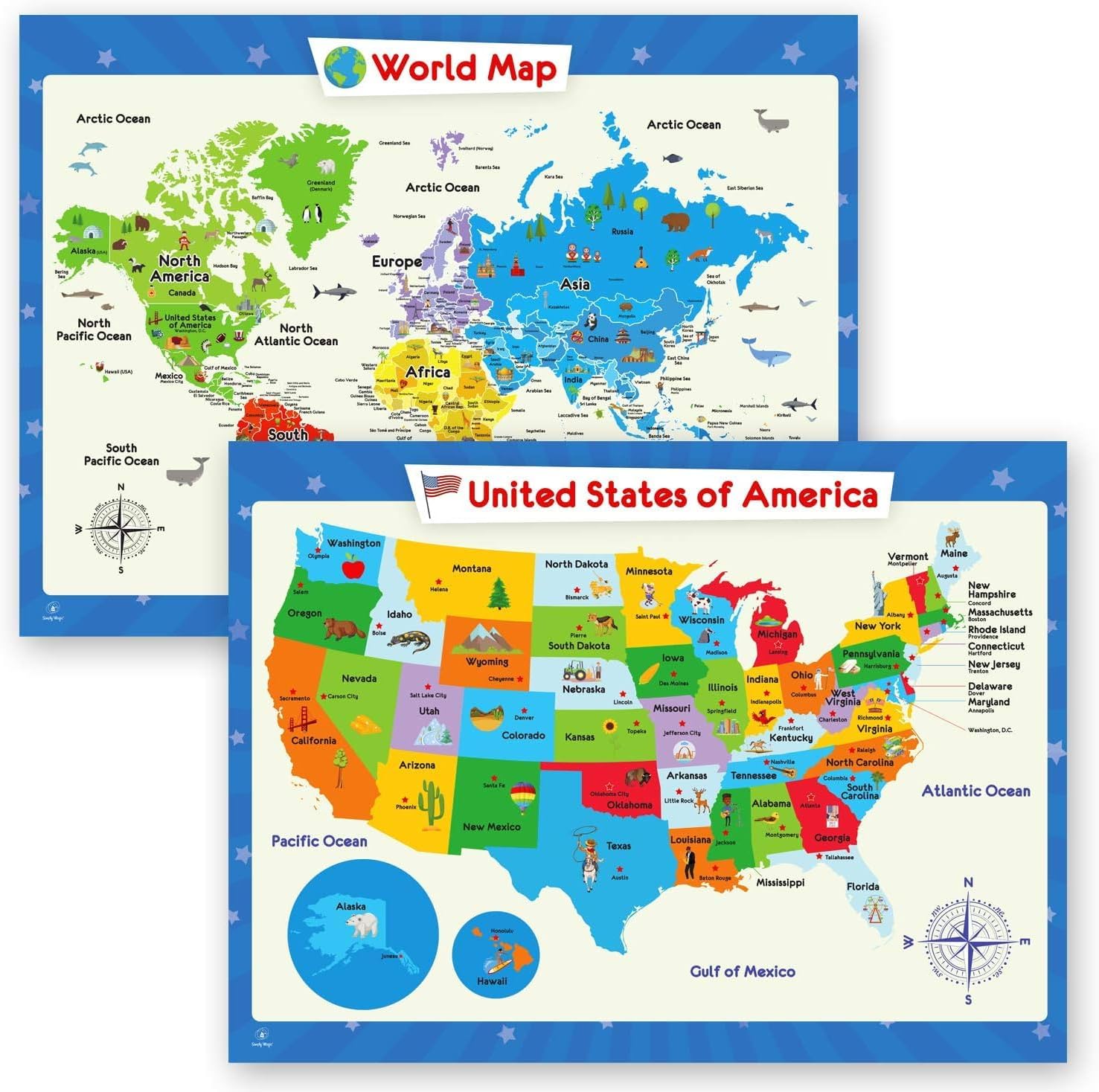 2 Pack - World Map Poster for Kids Wall and United States Map for Kids, Learn Capitals, States, Continents, Perfect Maps for Children, Kindergarten, Preschool, Playroom or Classroom, Laminated, 24x18