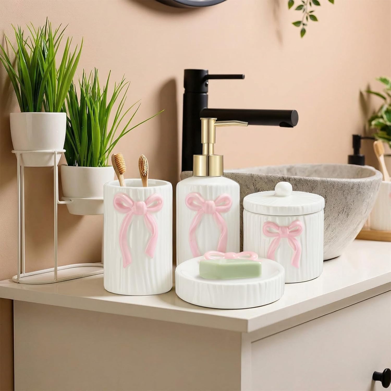 Zhehao 4 Pcs Ceramic Pink Bow Bathroom Set Bow Bathroom Accessories Soap Dispenser Tumbler Toothbrush Holder Vanity Soap Tray Cotton Swab Jars Refillable Decor Pink Decor Gift for Her
