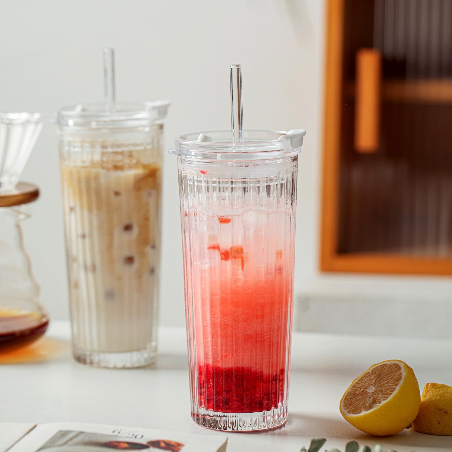 KEMORELA Ribbed Glass Tumbler with Straw and Lid – 18oz Durable Leak-Proof Drinking Cup for Hot and Cold Beverages – Stylish Design, Ideal for Iced Coffee, Smoothies, and More (2PCS-A) - Image 2