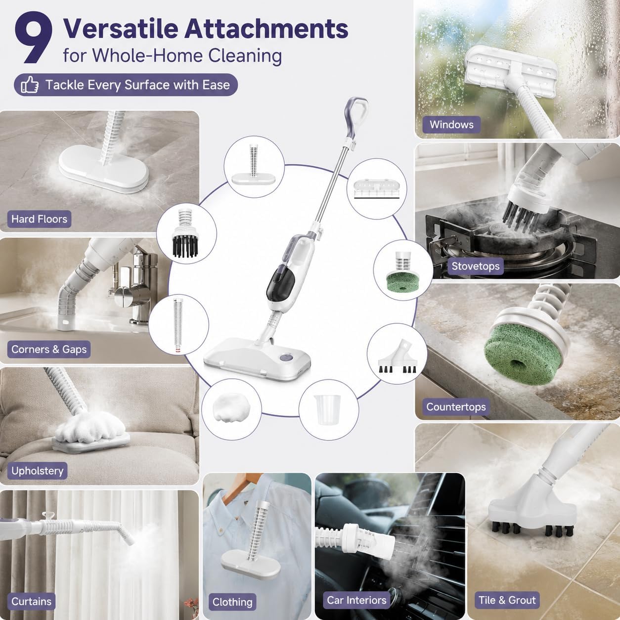 12-in-1 Steam Mop for Floor Cleaning, Multi-Purpose Handheld Steam Cleaner with 3 Steam Levels, Removable Water Tank and Fragrance Slot for Hardwood, Tile, Laminate, Marble, Grout and Windows