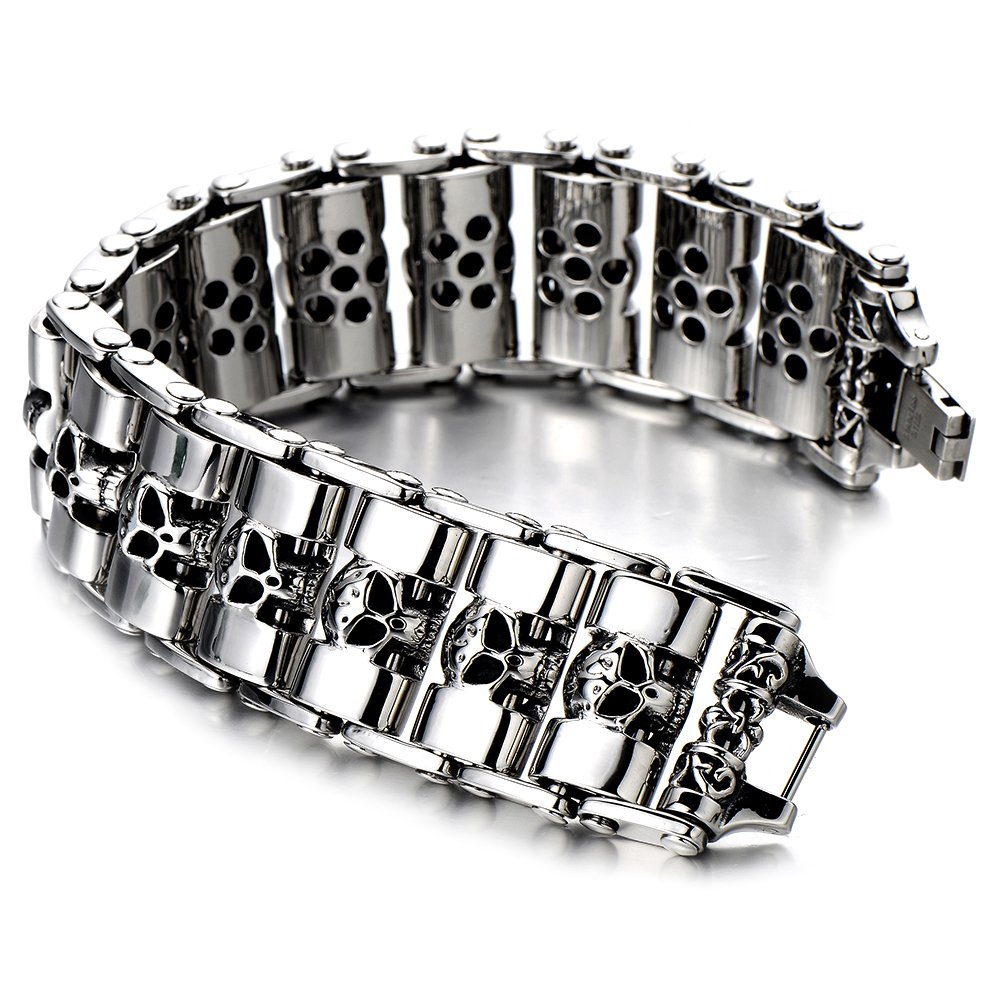 Bracciale Teschio In Acciaio Inox - Catena Bicicletta, Pesante, Colore Argento, Per Uomo - Foto 5