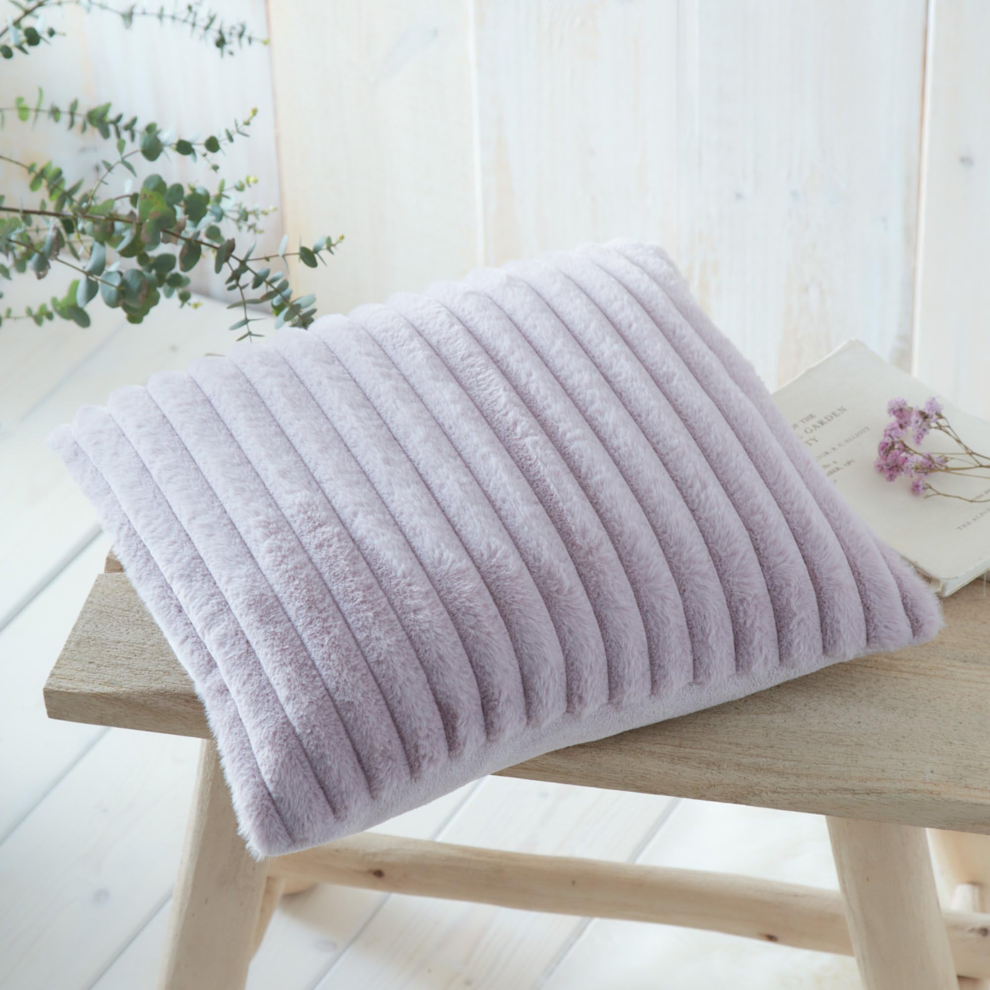 Appletree Mauve Faux Fur Cushion (43 x 43cm) - Filling Included - Super Soft Fake Rabbit Fur - Purple Lilac Stripe - Lined