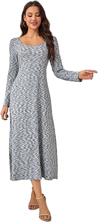 JIUMUJIPU Womens Long Sleeve Maxi Dress Lightweight Round Neck Mixed Color Loose Fit, Casual Fall Outfits