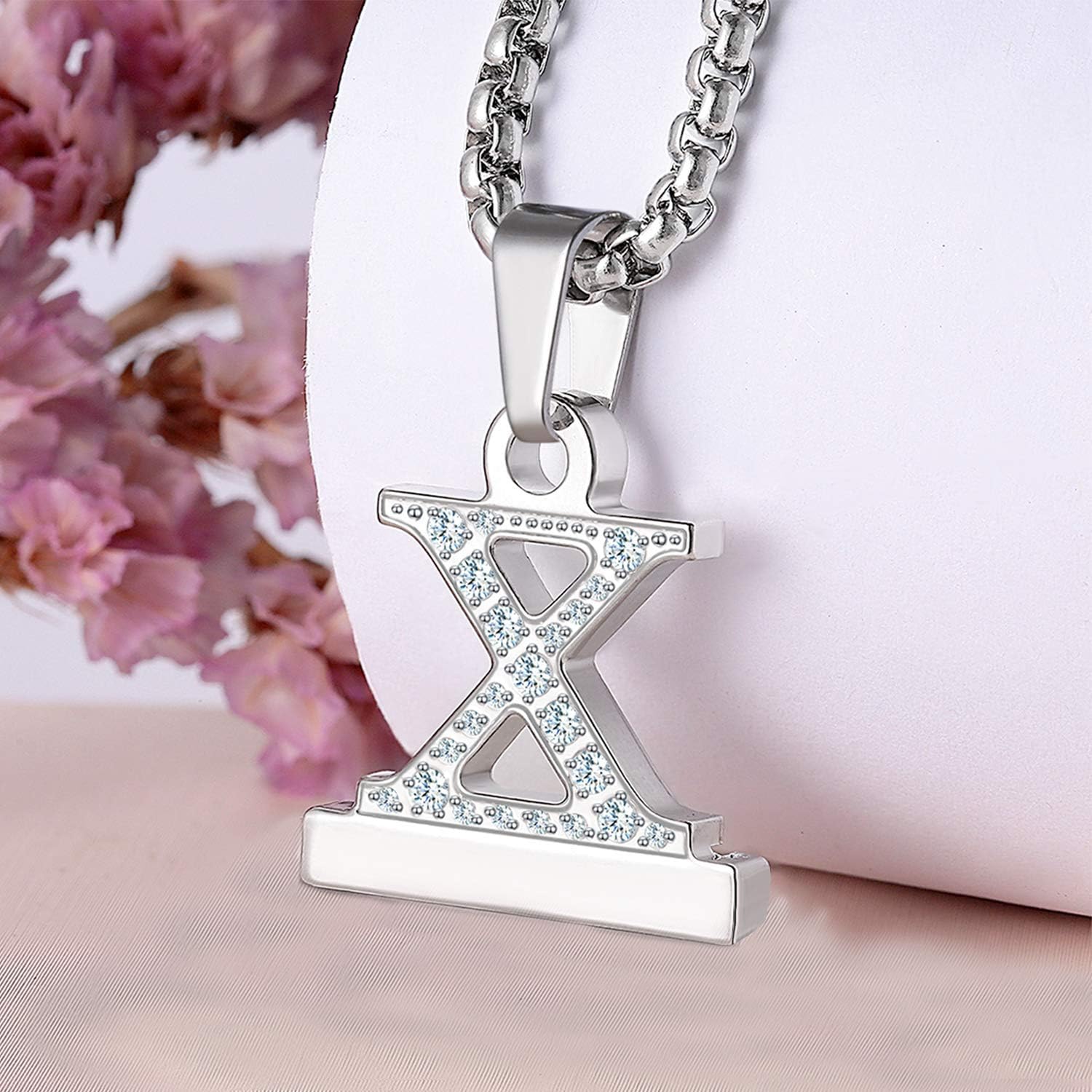 Callancity 2in1 Zircon Alphabet Letter A-Z Necklace Pendant Watch Connector Adapter Stainless Steel Box Chain Compatible for Apple Watch Series 8/7/6/5/4/3 42mm 44mm 45mm 49mm