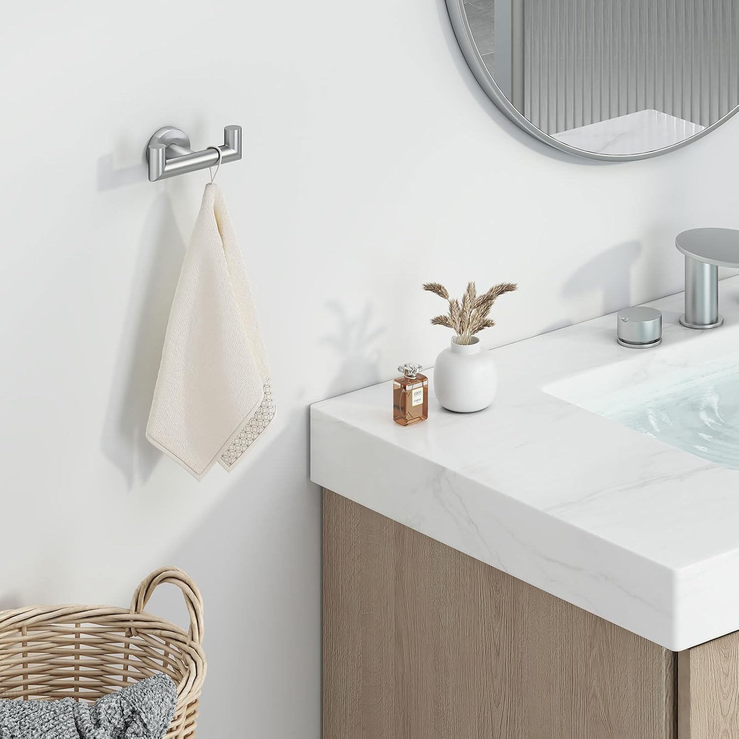 Angle Simple Swivel Towel Holder Bundle with Double Robe Hook (Brushed Nickel) image 2