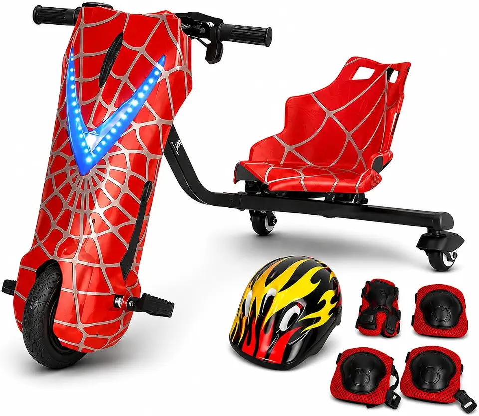 Triciclo Elétrico Drift Infantil Vermelho Com Bluetooth, Luz LED, KIT Proteção, 3 Velocidades e Suporta Até 100kg