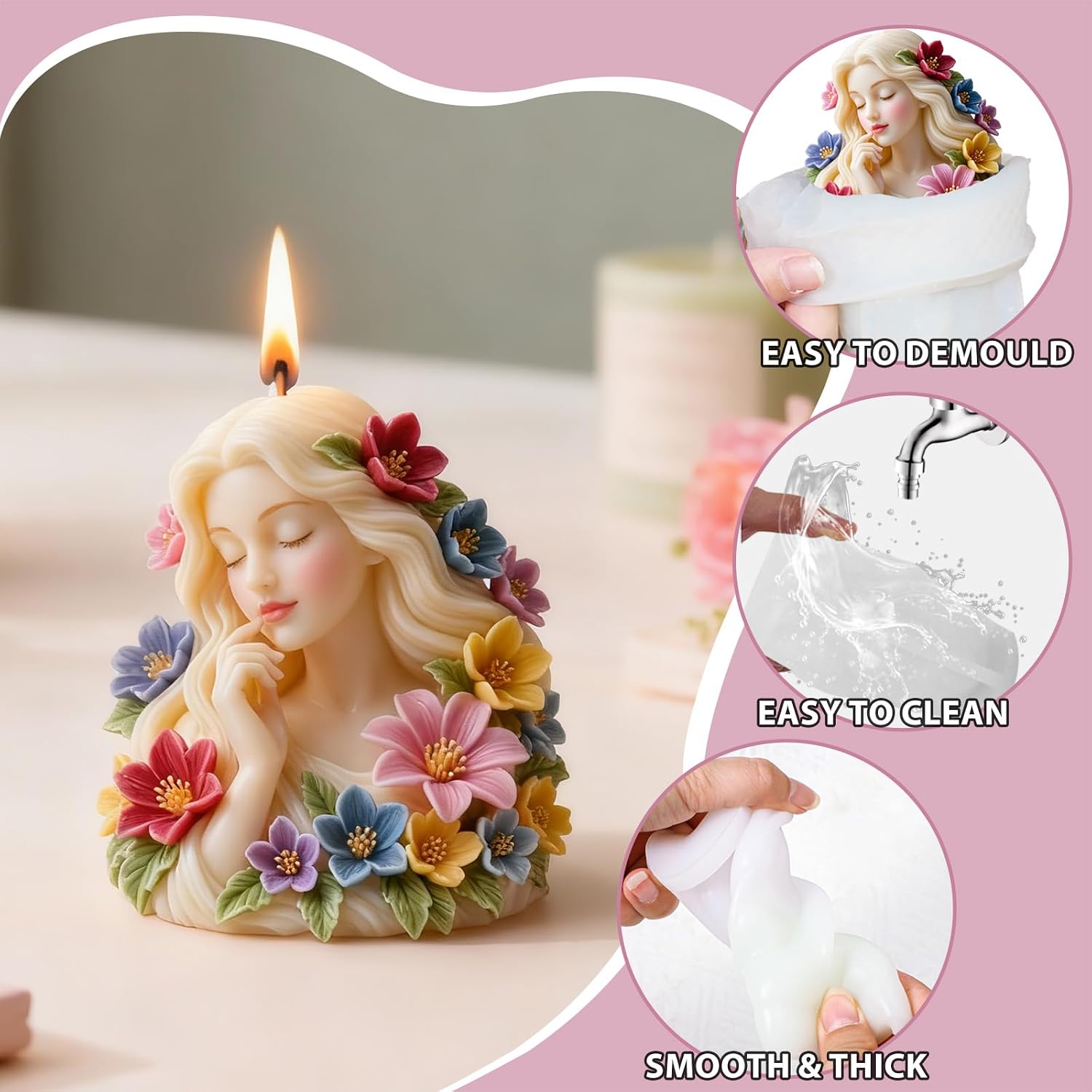 Beautiful Wave Curly Haired Girl Candle Molds for Candle Making, Silicone Resin Casting Molds for Home Decor & Candle Making, Soap and Epoxy Resin Crafts