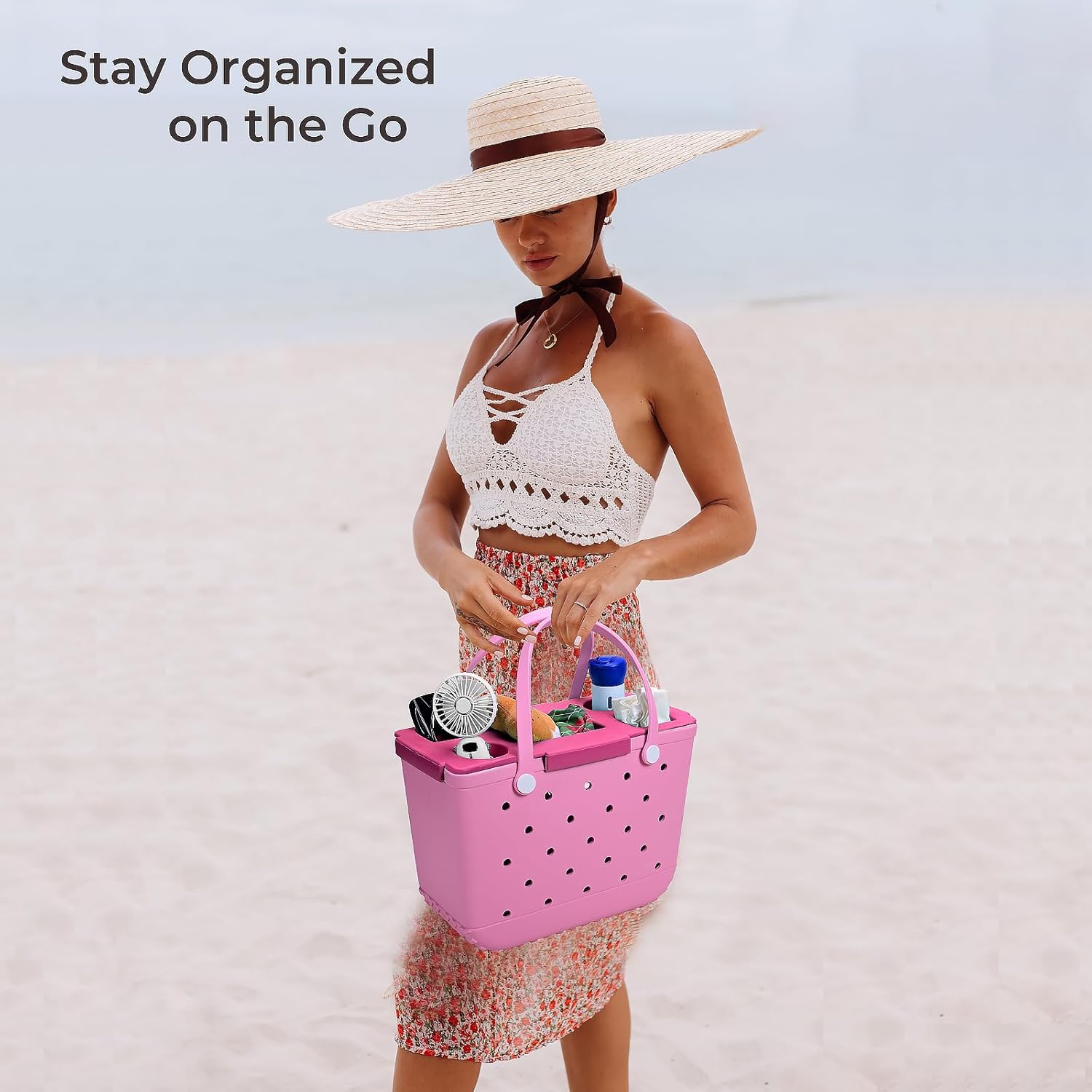 Tote Topper Tray Accessories for Bogg Bag Large – Waterproof EVA Table Top Organizer Lid with Cup Holder, Snack, Phone & Drink Holders for Beach, Pool, Picnic, Travel (Pink)