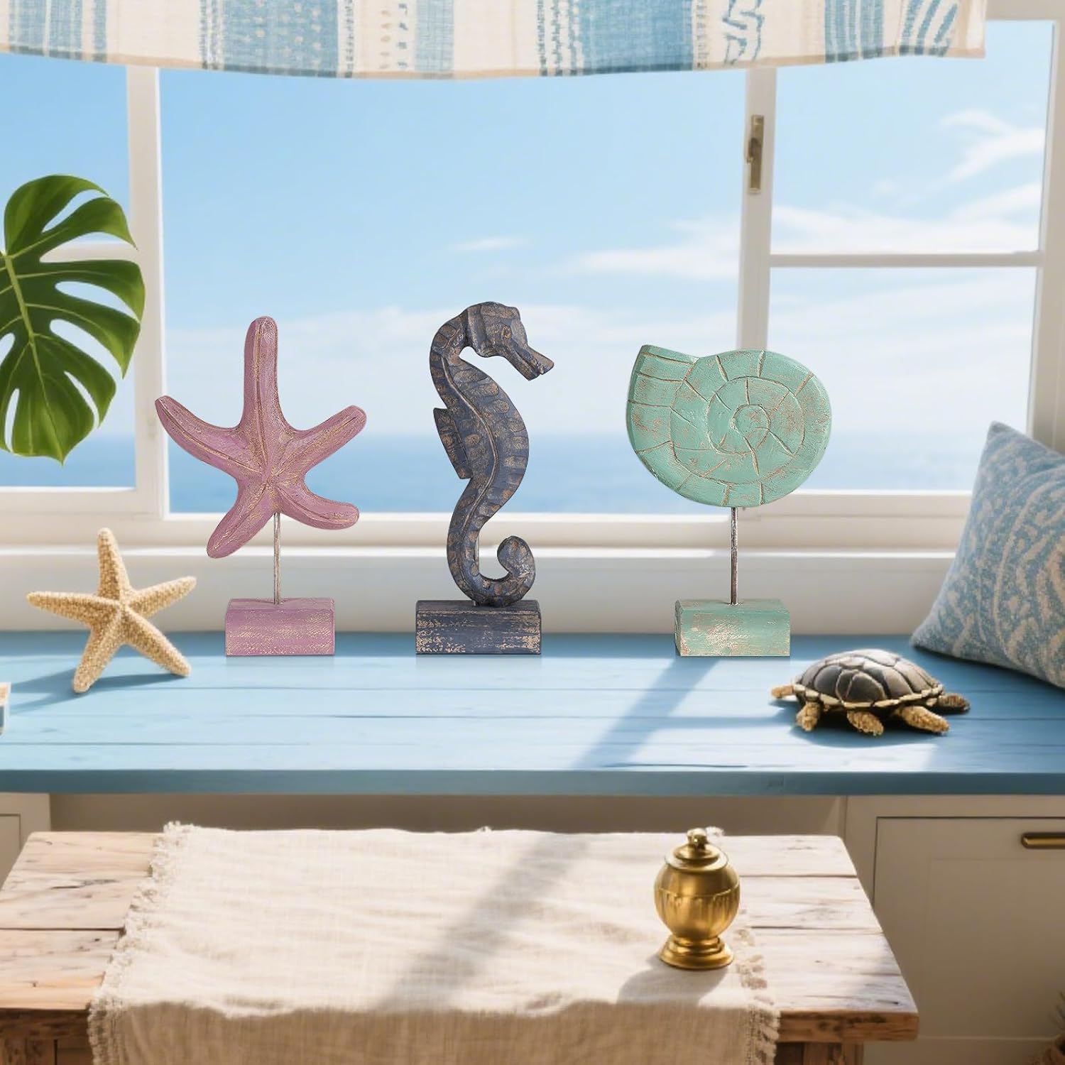 3pcs Wood Handmade Beach Nautical Style Figurines Starfish/Conch/Seahorse Statue Home Decor (Multicolor)