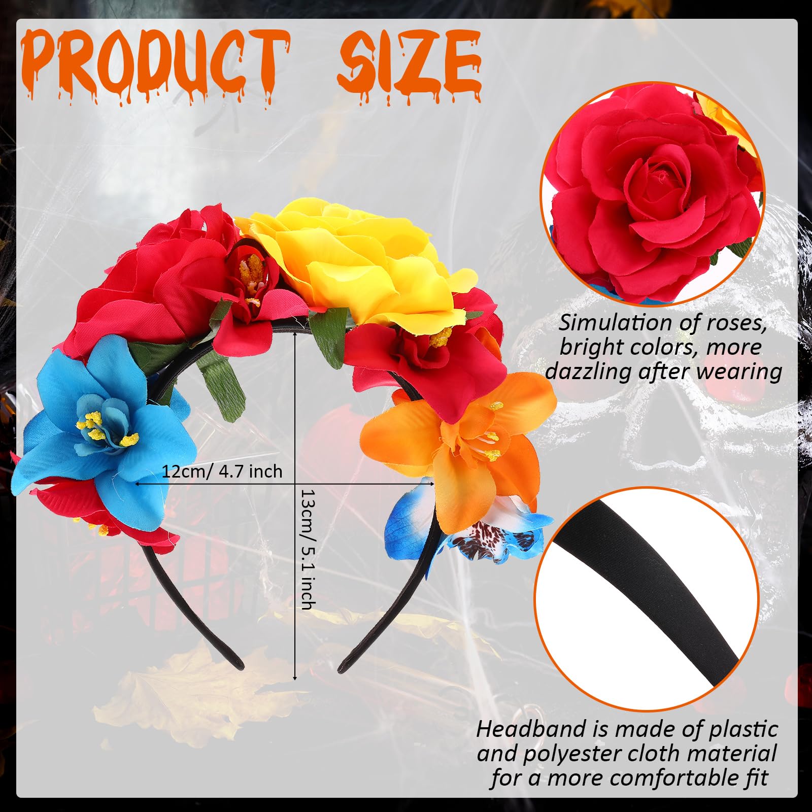 6308 12 Pcs Mexican Rose Flower Crown Headband Easter Mardi Gras Headpiece Amazon.com: Xinnun 18 Pcs Mexican Rose Flower Crown Headband  main image 3