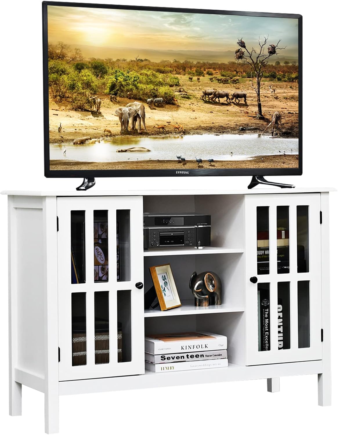 KOTEK Wooden TV Stand, Console Table with Open Shelves and 2 Tempered Glass Doors, TV Cabinet Entertainment Center for TVs up to 50", Storage Cabinet for Entryway, Living Room (White)