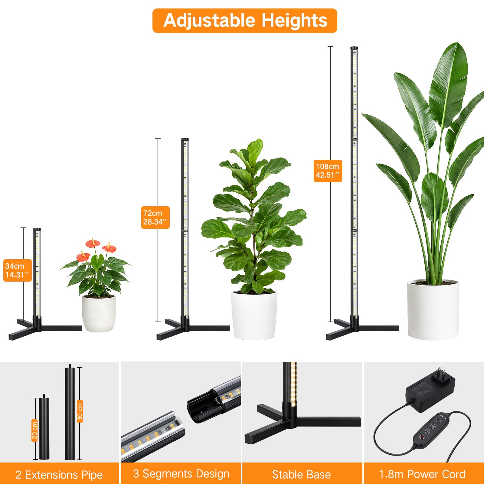 OUTON Pflanzenlampe mit Ständer, 60W Vollspektrum Pflanzenlicht, 195 cm | 560 LEDs, 6500K, 3 Lichtmodi, 10 Helligkeitsstufen, Timer 4/8/12 Std., Fernbedienung, Dreibeinstativ, bis 195 cm