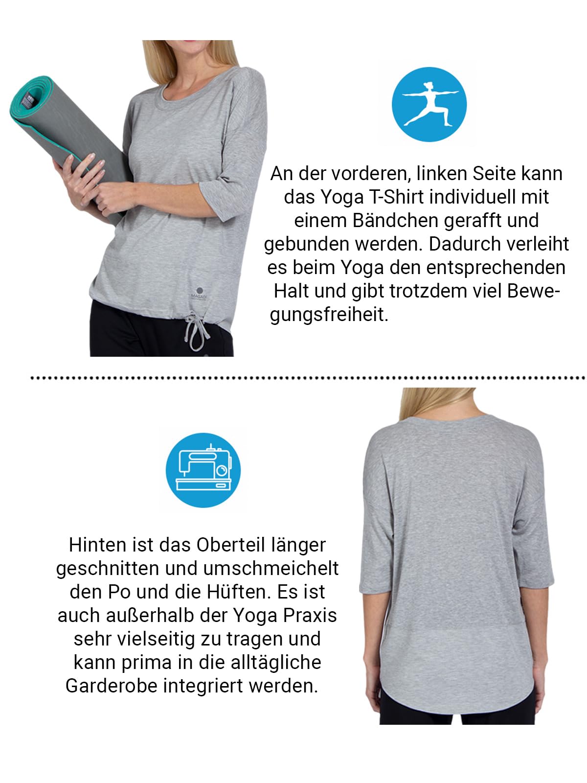 Magadi Maglietta da yoga Sara Aqua da donna in cotone biologico, da donna, top sportivo per yoga, pilates, palestra, sostenibile ed equo, grigio mélange, XS
