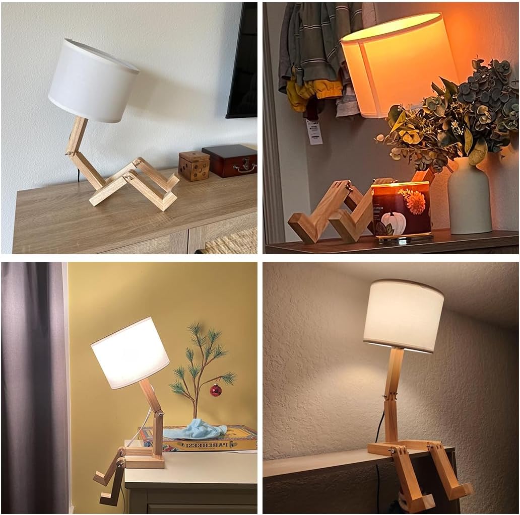 Robot Cute Desk Lamp Set of 2, Wooden Bedside Table Lamp Unique Fun Robot Lamp Quirky Cool Lamp for Home, Kids Room, Living Room, Coffee Shop, Adjustable Lamp Body