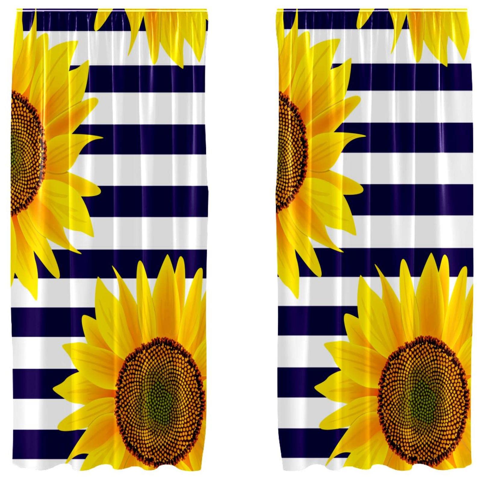 Cortinas con diseño de rayas y girasoles en azul oscuro textil de alta calidad 55x84