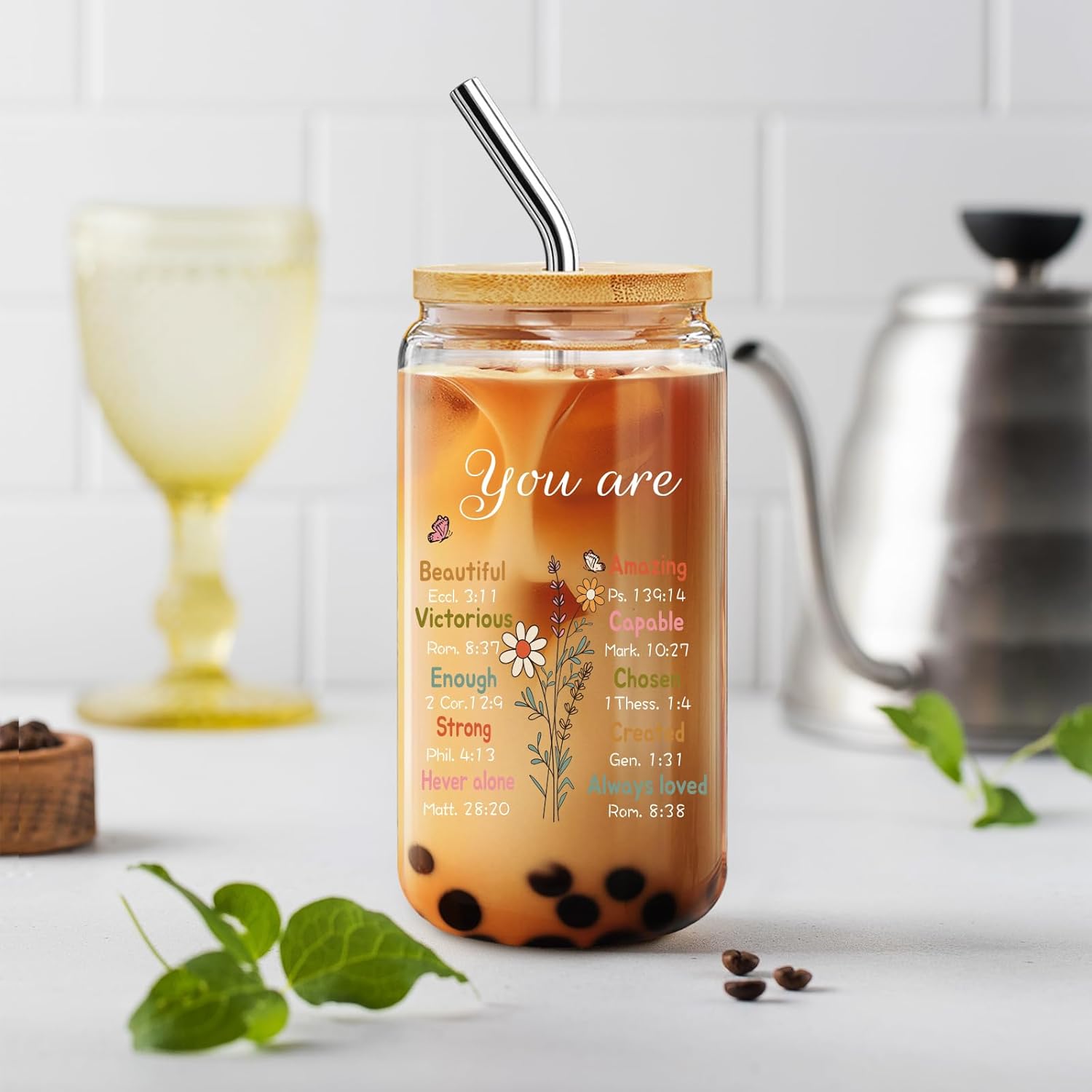 Christian Gifts for Women Cup, Religious Motivational Catholic Gifts for Womens Ladies, Inspirational 16 Oz Can Glass Coffee Cup with Bamboo Lid & Straw - Image 4