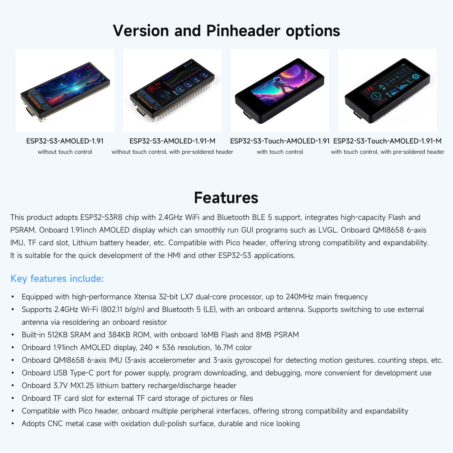 Waveshare ESP32-S3 1.91inch AMOLED Display Development Board, 240×536, 32-bit LX7 Dual-core Processor, Up to 240MHz Frequency, with Touch Function, with Pre-Solder Header