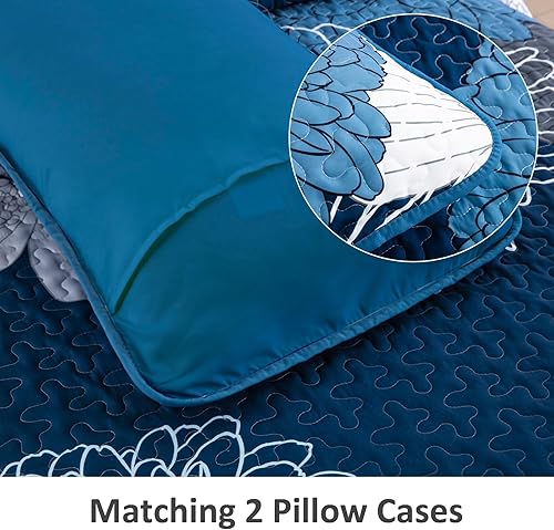 Miniatura 7 de Juego de edredón de 3 piezas con patrón floral azul marino, tamaño Queen, juego de ropa de cama reversible de microfibra con patrón de flores