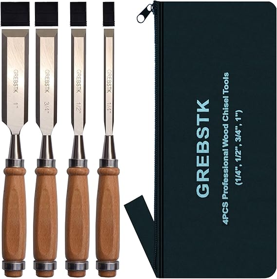 GREBSTK 4 Piece Wood Chisel Set Sturdy CRV Steel Chisel Beech Handle Woodworking Tools with