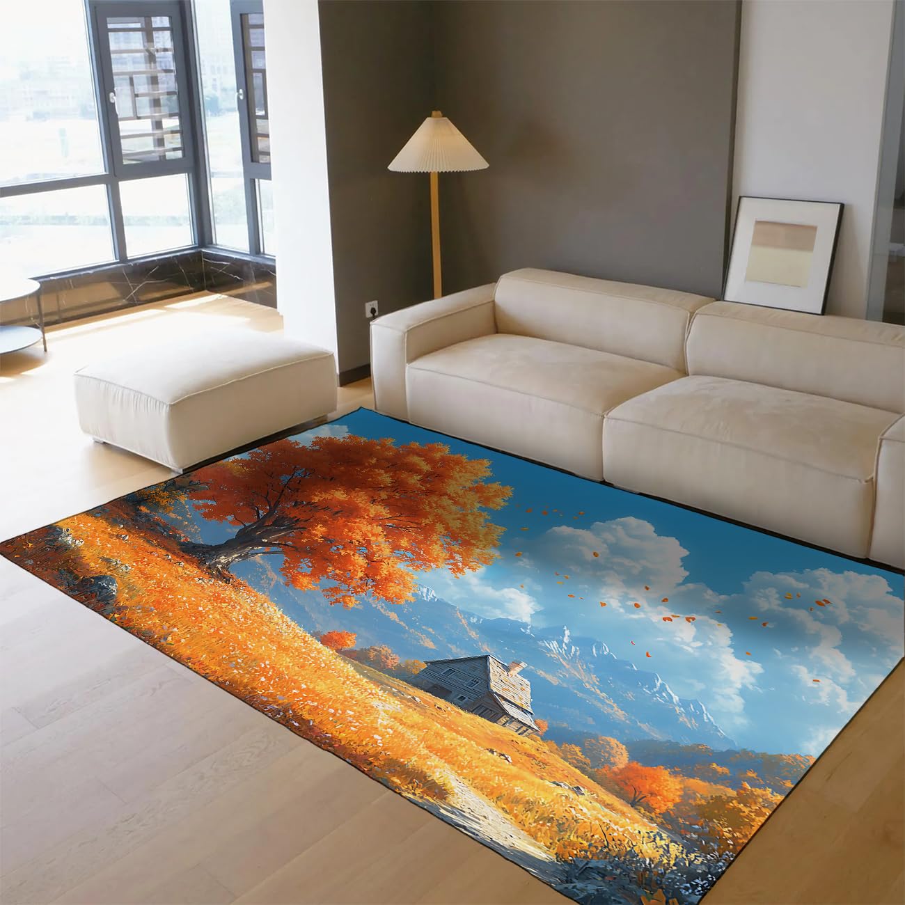 Tapis montagnes orangers 160x230cm au design cottage rustique haut de gamme