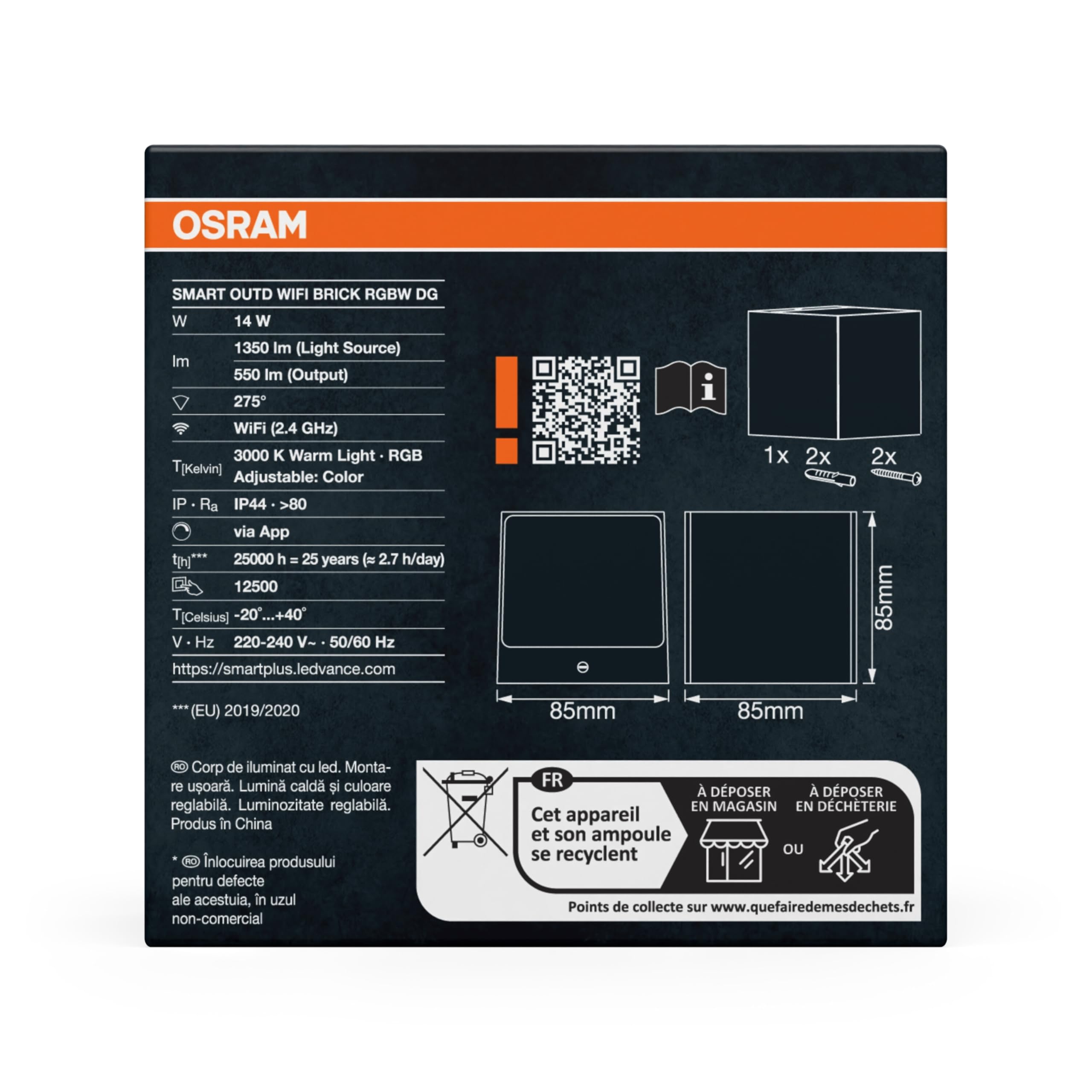 Osram Applique extérieure SMART+ Up/Down RGB & blanc chaud, contrôle WiFi, dimmable, boîtier en aluminium gris foncé, protection IP44
