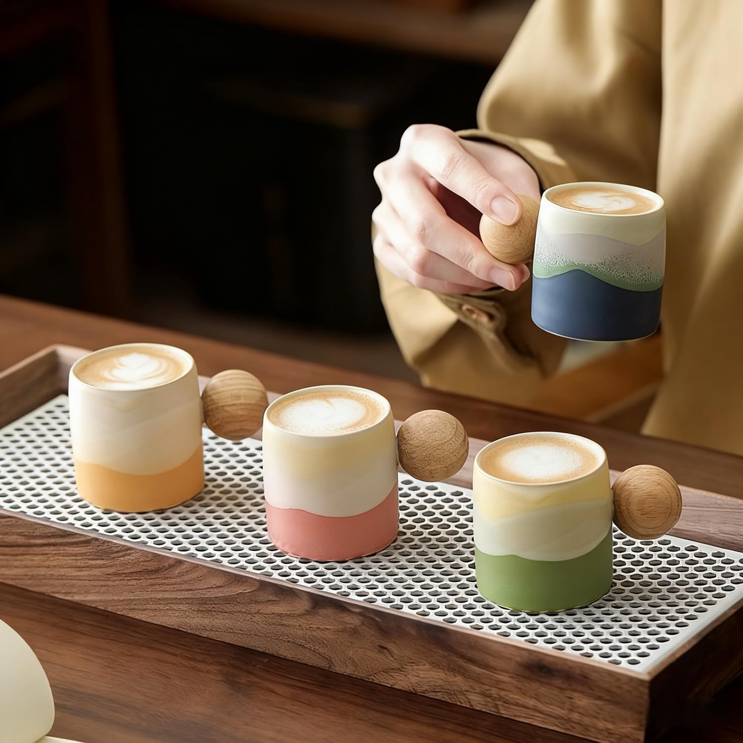 2.4oz Ceramic Espresso Cups Set of 4, Small Coffee Cups with Wooden Handle, Gradient Color Demitasse Cups, Ceramic Tea Cups Gift Box Packaging (Round Handle)