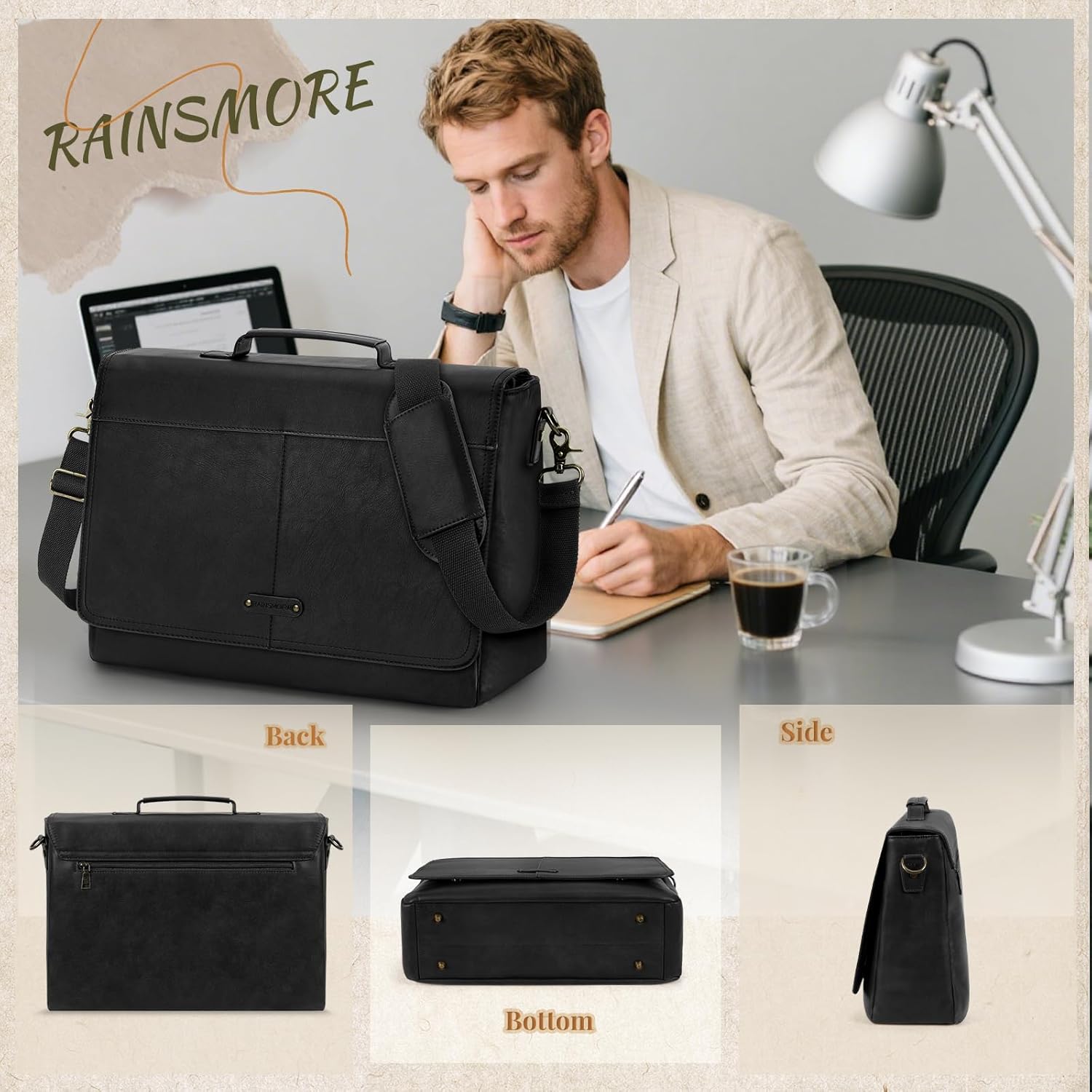RAINSMORE Vintage Flap Messenger Bag for Men PU Leather Laptop Bag 15.6 Inch Mens Briefcase Waterproof Satchel Computer Bag - Image 6