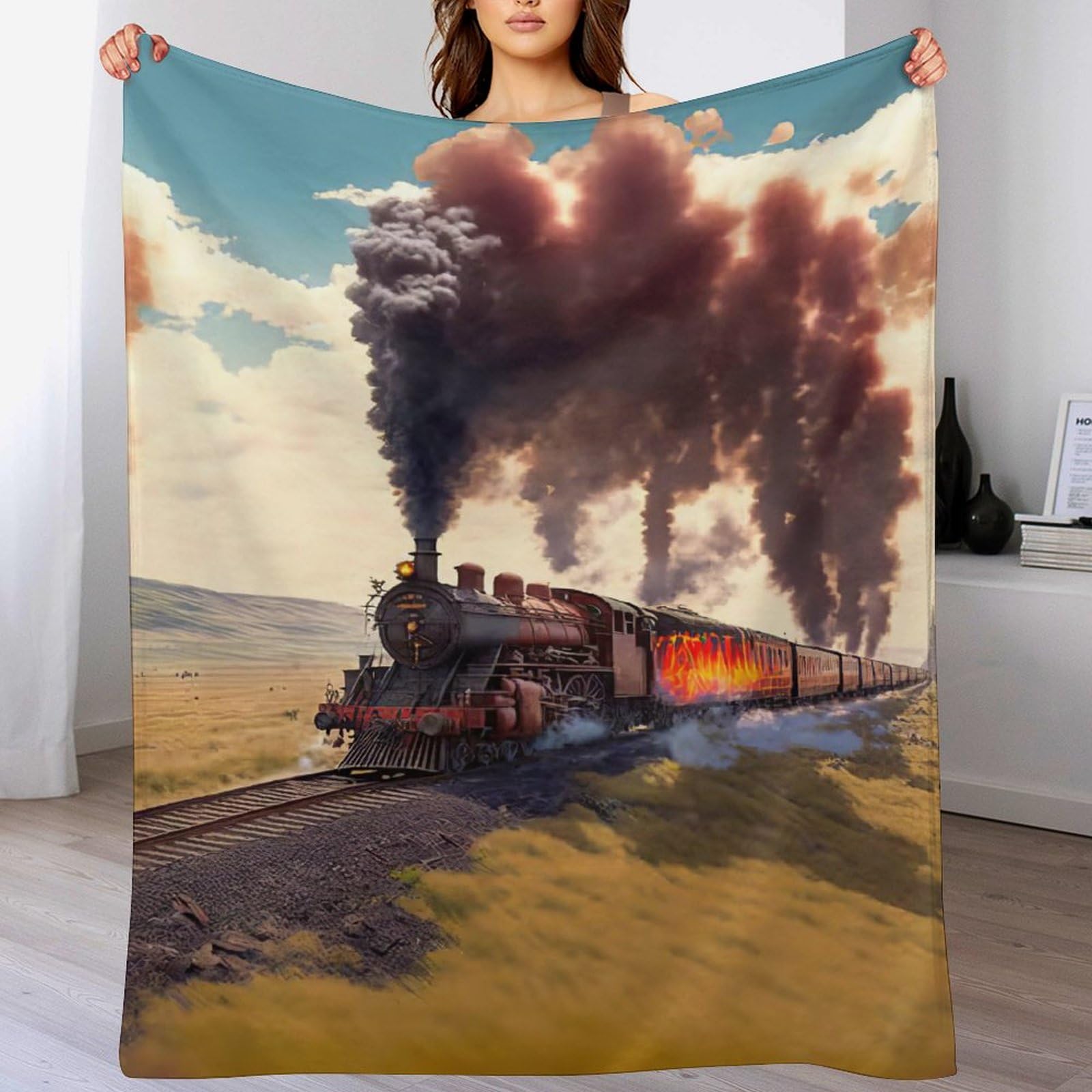 Couverture motif train à vapeur impression 3D plaid polaire flannel lit