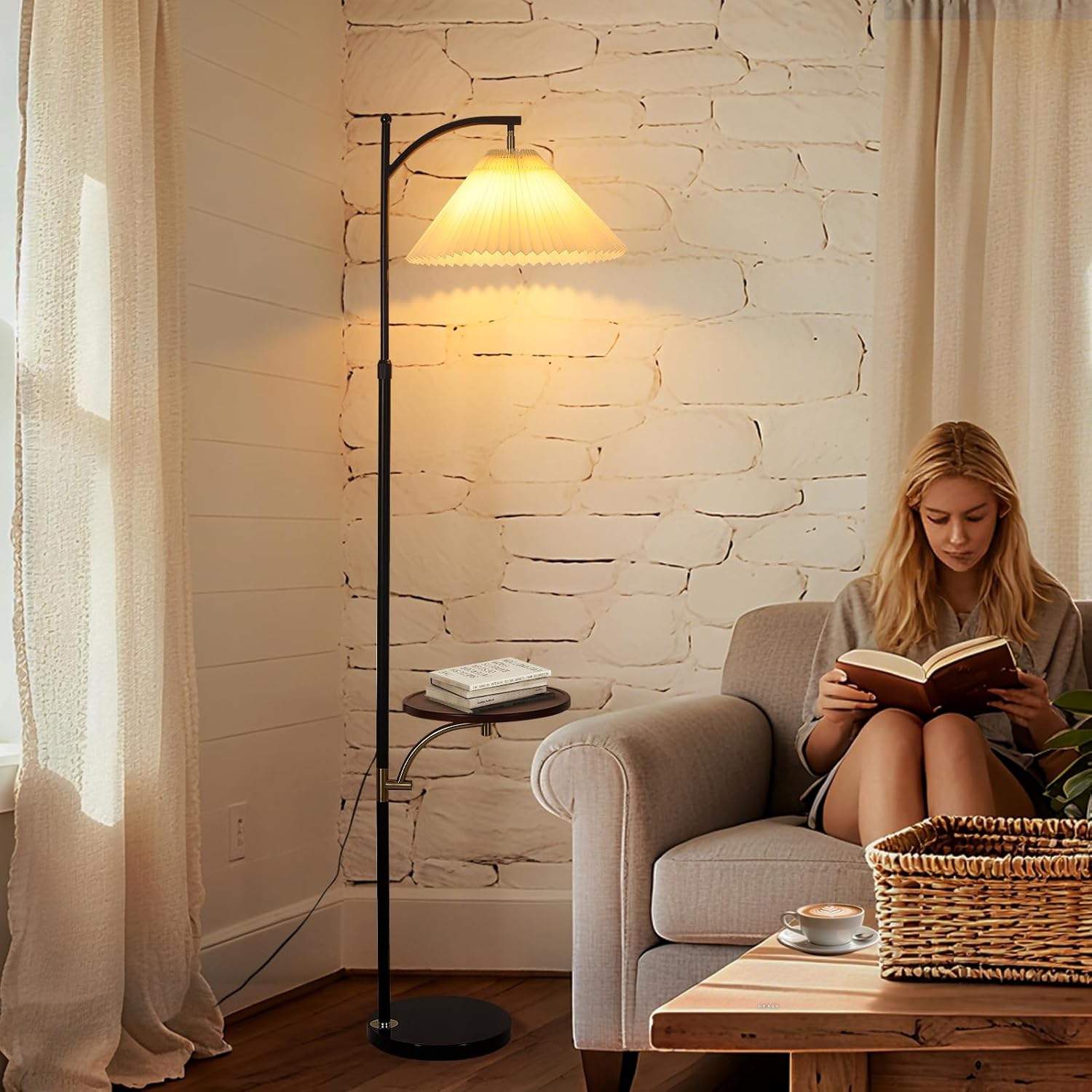 Floor Lamp with Table for Living Room, Tall Standing Lamps with Shelves, Height Adjustable Lamp Table Combo, Dimmable Corner Rustic Lamps with Tray for Bedroom Office, Bulb Included (Pleated Linen)