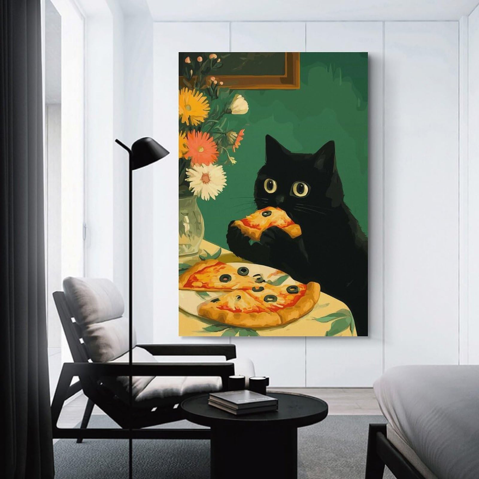 Junmoney Black Cat Eating Pizza Art Wall Picture Print 20x30inch(50x75cm), for Apartment Walls, Studios Or Work Areas, A Simple Refresh for Blank Walls