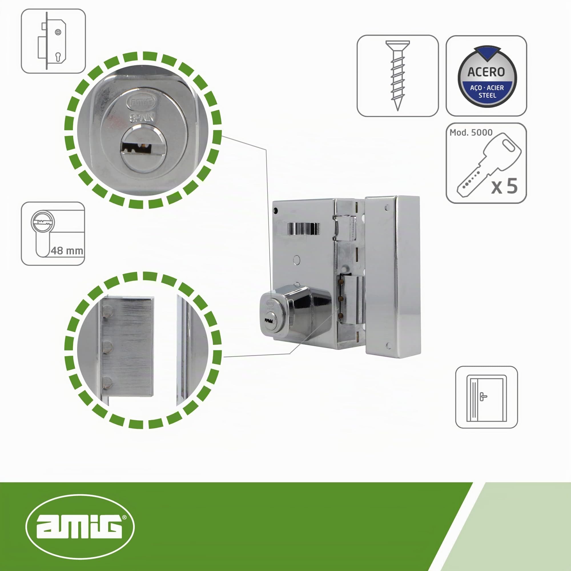 Amig - Serratura da sovrapposizione a destra con leva di chiusura, linguetta e maniglia per porte in legno mod. 75, 72 x 112 mm, cilindro rotondo di sicurezza, acciaio argentato