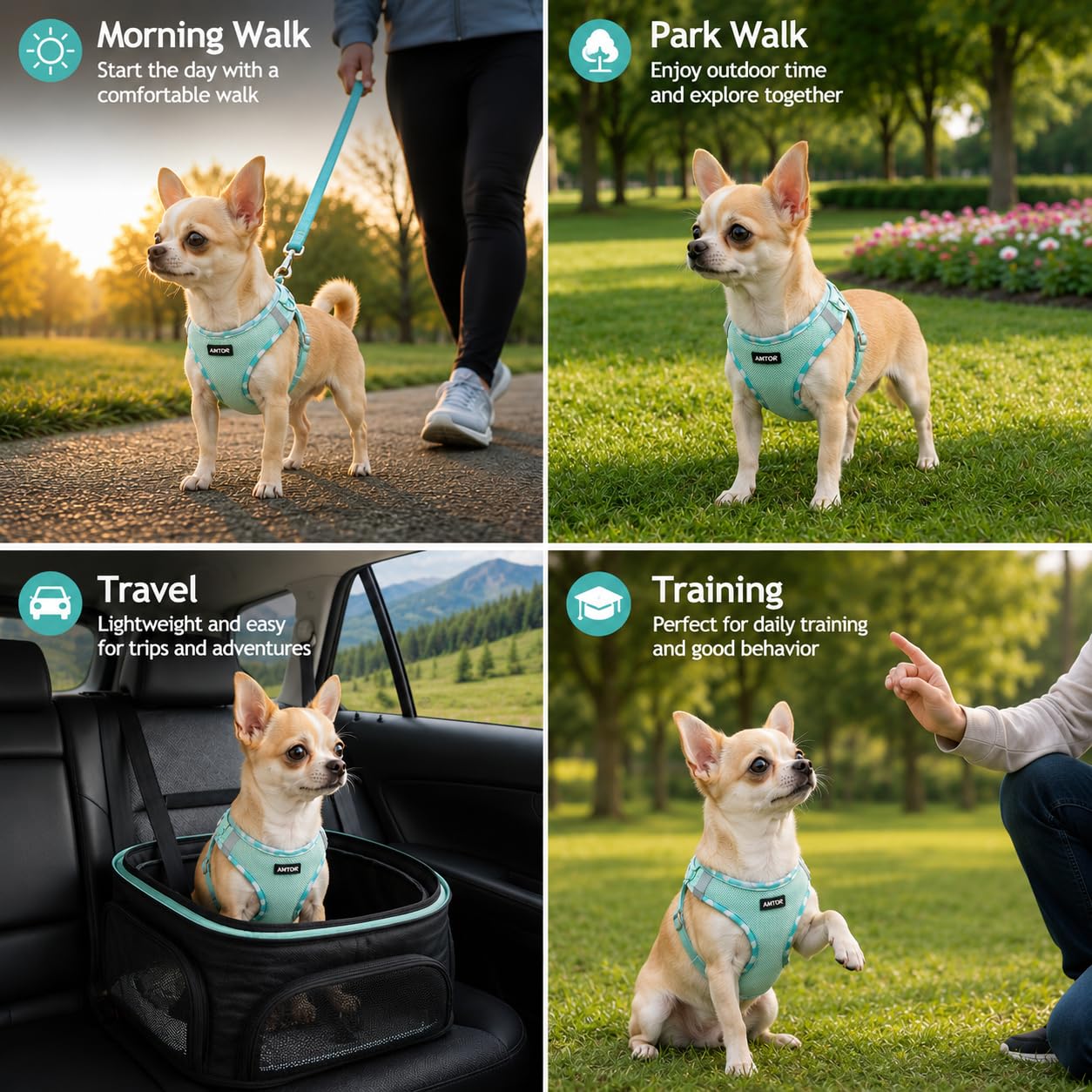 AMTOR Arnés para perros con correa de juego, arnés reflectante ajustable para cachorros con chaleco acolchado para perros y gatos extragrandes/pequeños, medianos y grandes (verde)