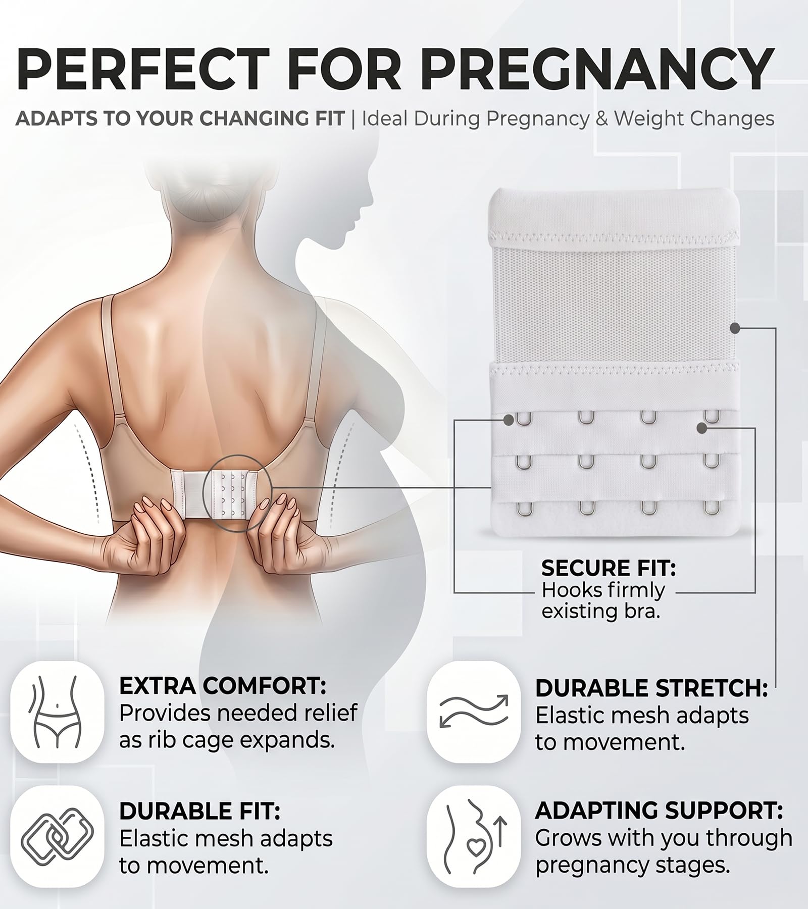 DClub Extensor de brasier con 2 ganchos, elástico, suave y cómodo, extensor de correa de brasier para mujeres en embarazo o aumento de peso., blanco, 3 PIECES